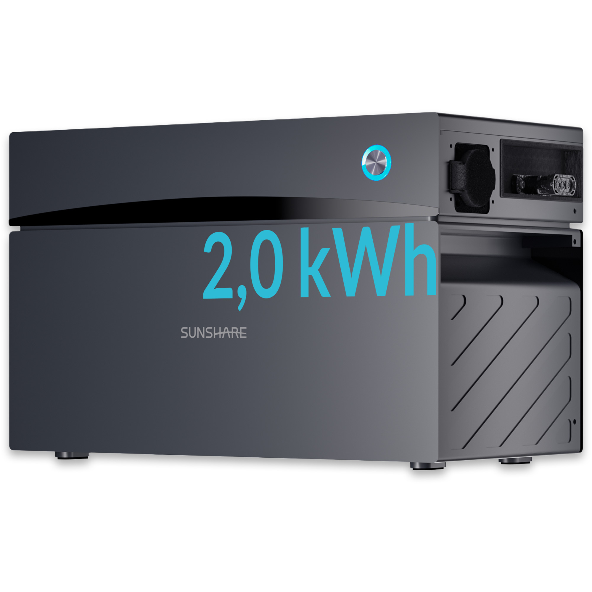 Dunkelgraue Sunshare 2,0 kWh-Batterieeinheit mit blauem Leuchtring und sichtbaren Anschlüssen.