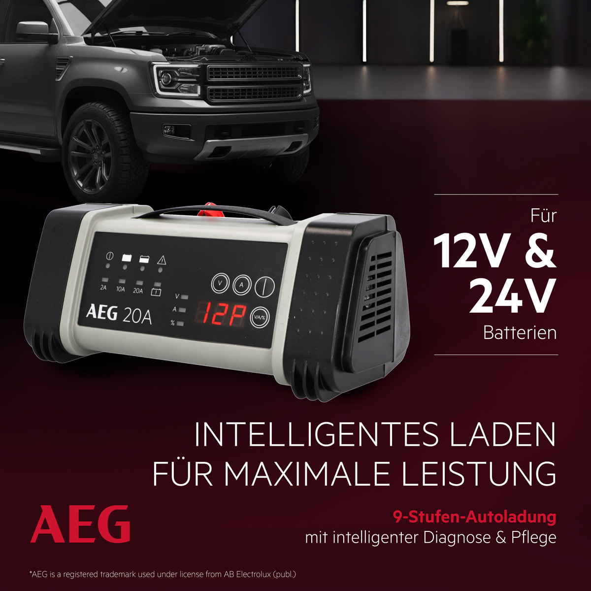 Ein AEG 20A Batterieladegerät für 12V & 24V Batterien vor einem Auto.