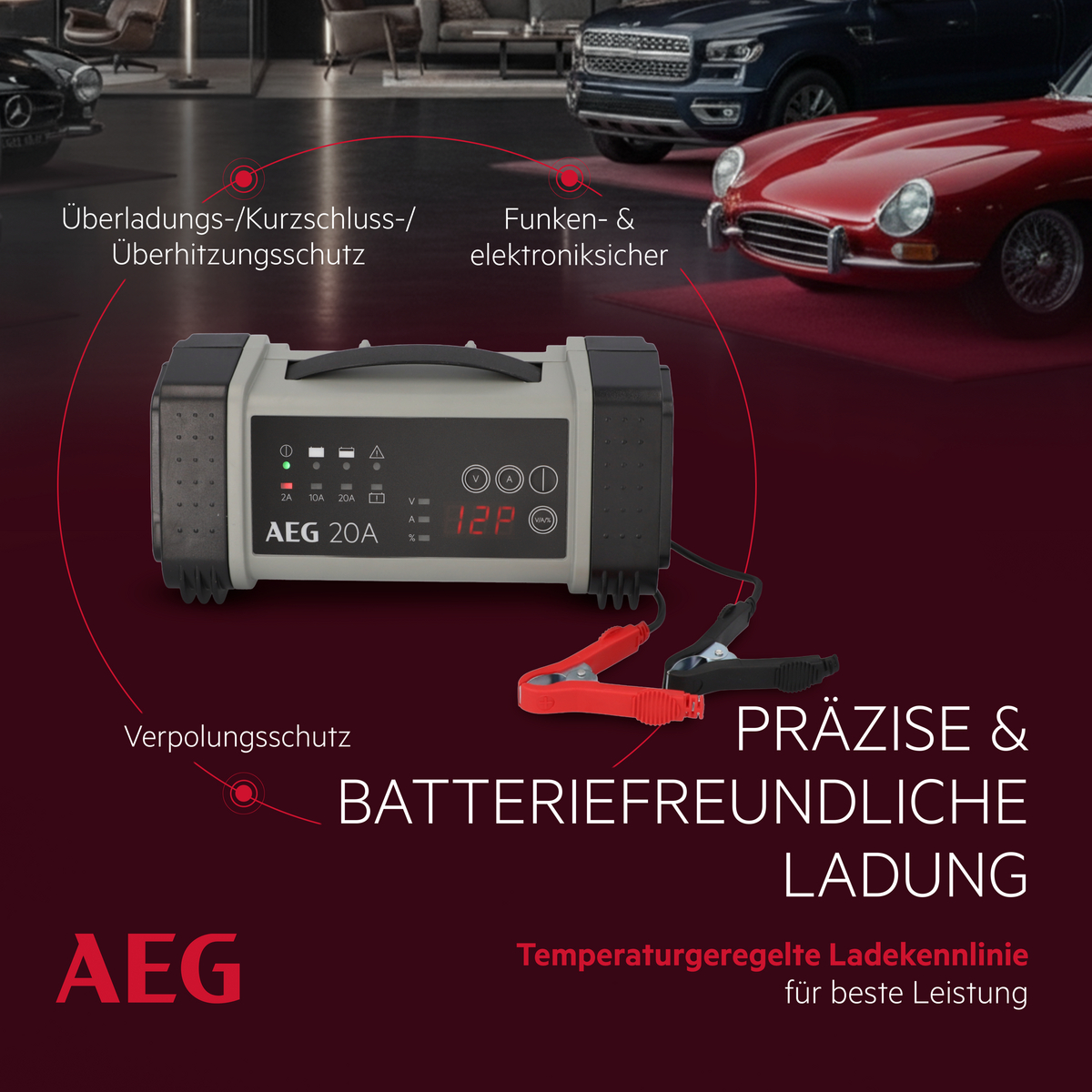 AEG Batterieladegerät mit Schutzfunktionen und Digitalanzeige.