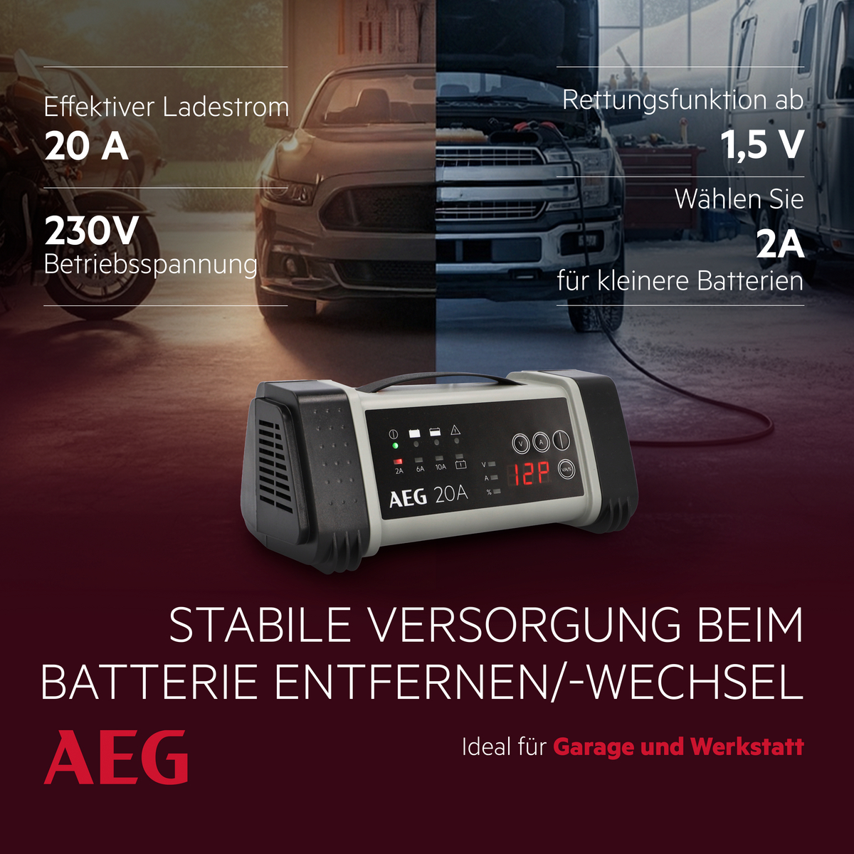 AEG Batterieladegerät mit 20A Ladestrom, 230V Spannung, Rettungsfunktion ab 1,5V.