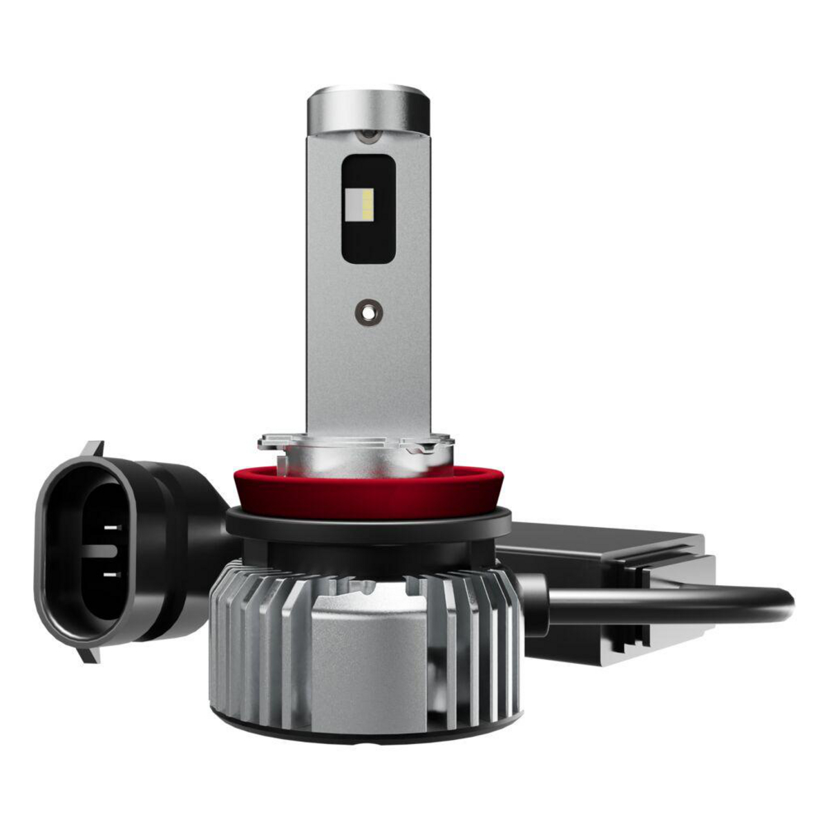 Eine silberne LED-Lampe mit rotem Kragen und schwarzem Stecker.