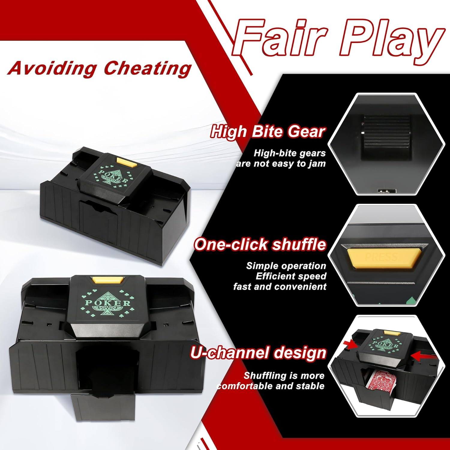 Ein schwarzer Kartenmischer mit Pokersymbolen und Texten wie "Fair Play".
