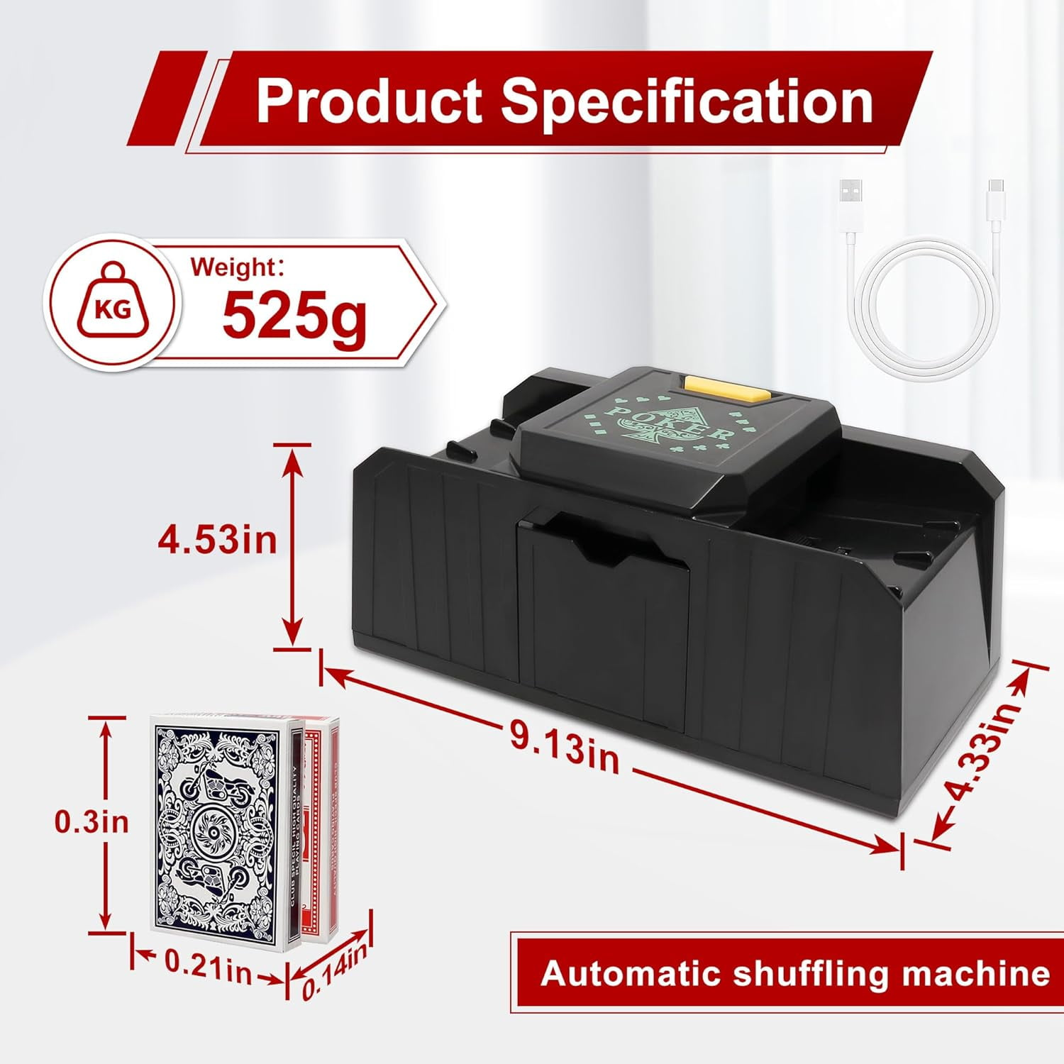 Schwarze automatische Kartenmischmaschine mit Spezifikationen und Spielkarten.