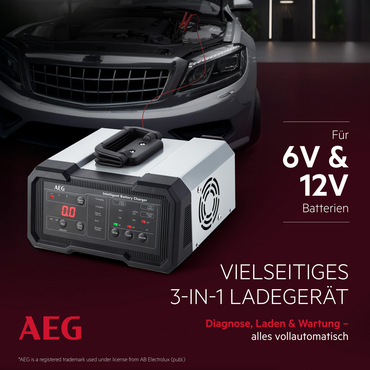 AEG Ladegerät für 6V & 12V Batterien, Diagnose, Laden & Wartung. Vorn ein Auto mit geöffneter Haube.