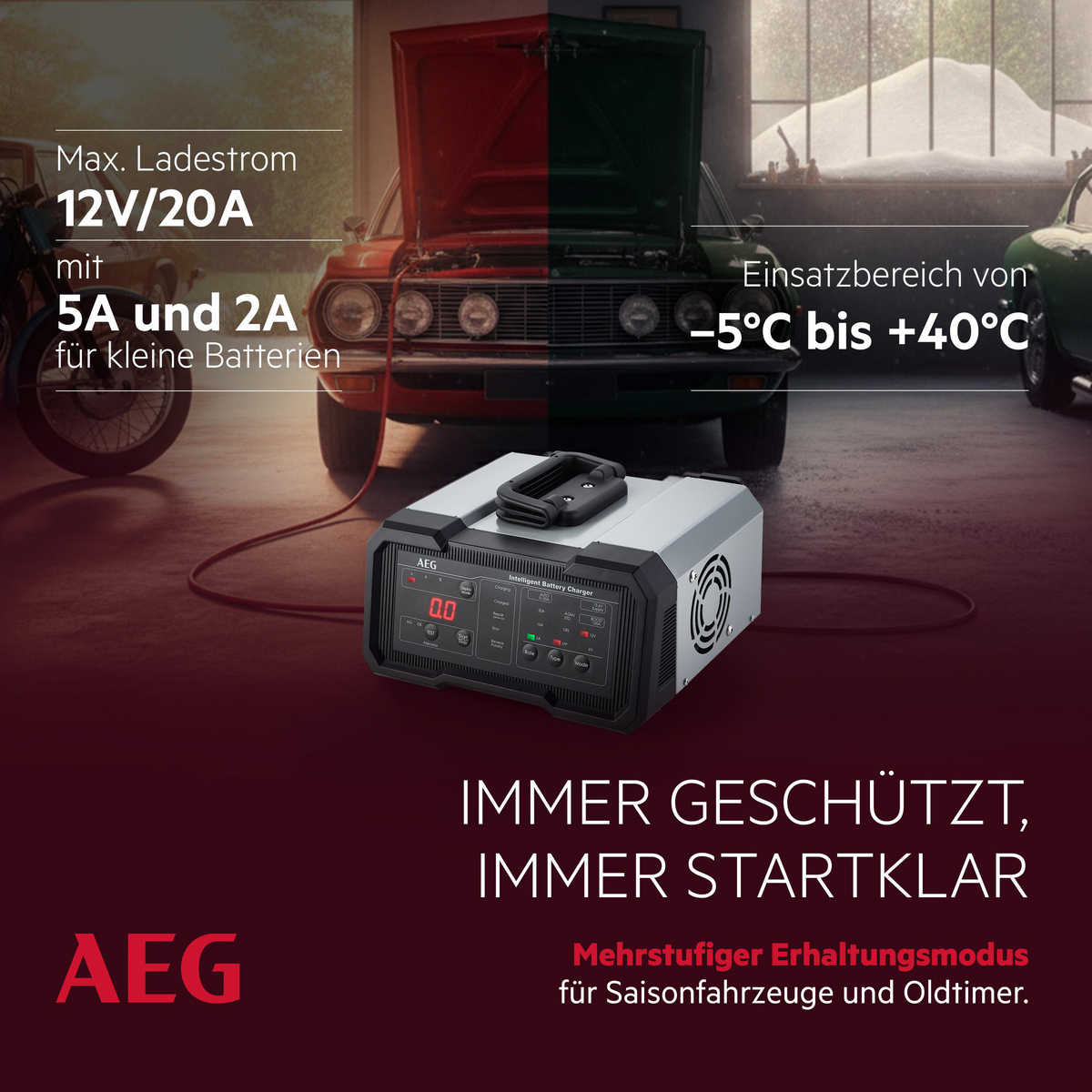 AEG Batterieladegerät mit Autos und Motorrad im Hintergrund.