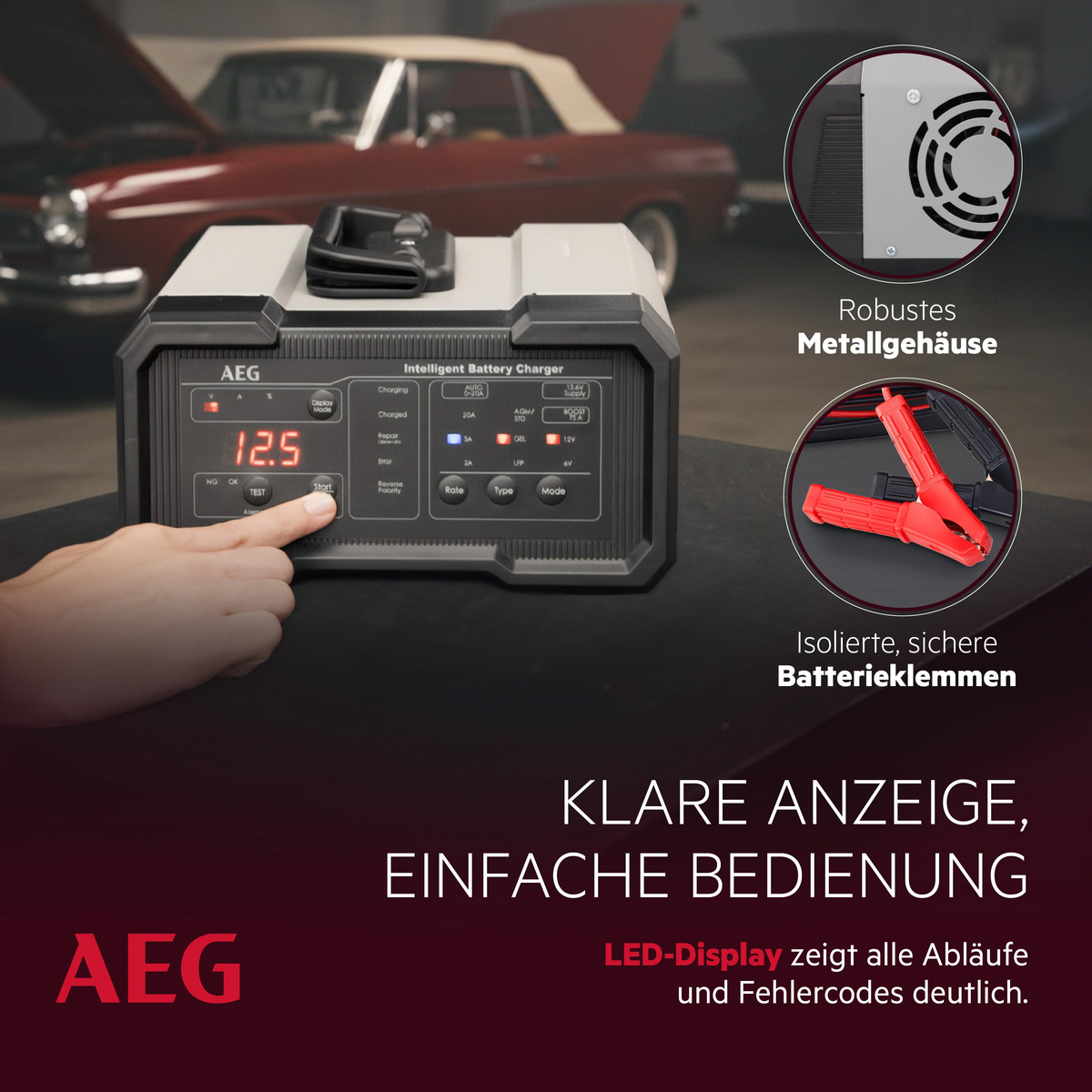 AEG Batterieladegerät mit digitaler Anzeige, daneben ein rotes Auto.