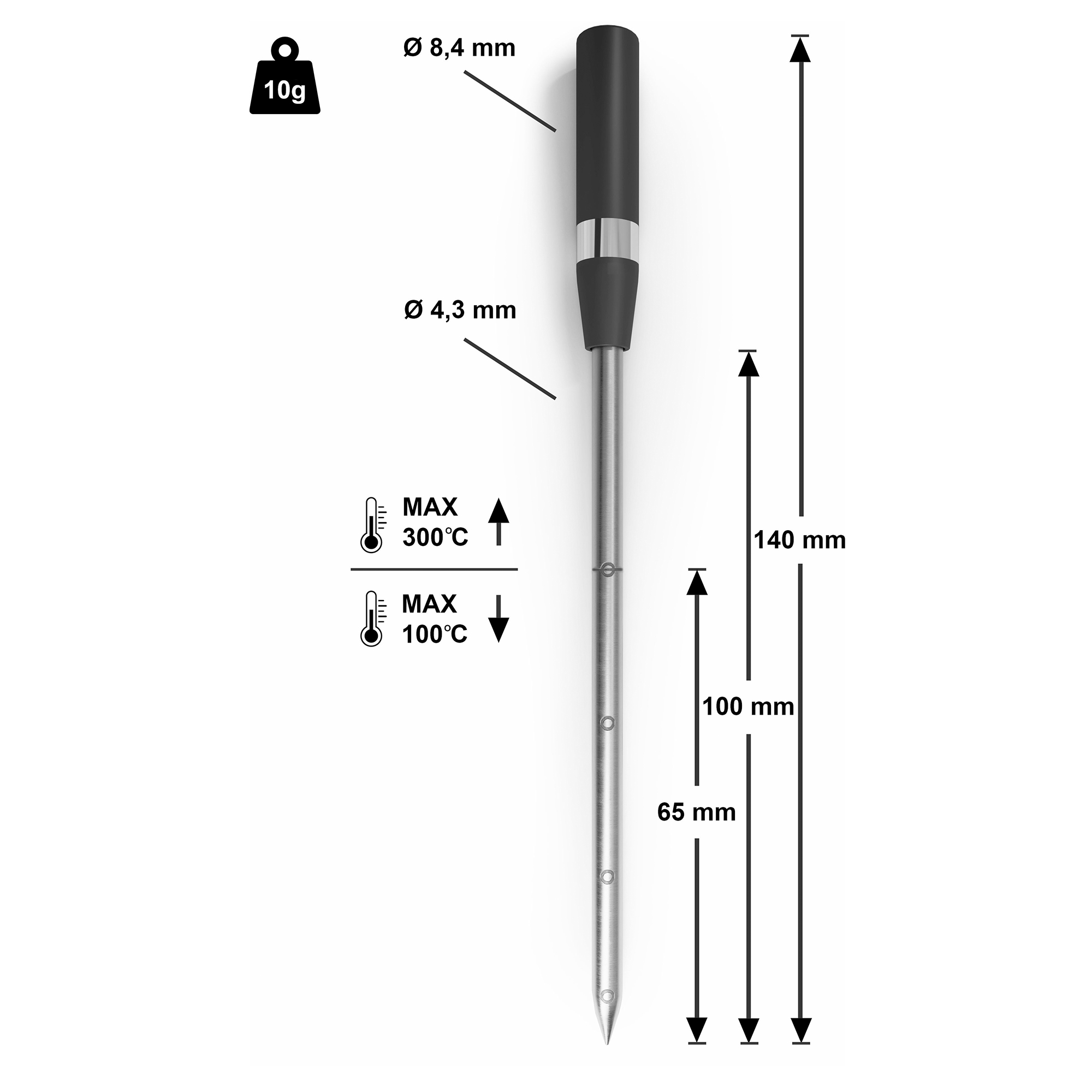 Ein 10g schweres Thermometer mit Maßen: 8,4mm, 4,3mm, 140mm, 100mm, 65mm.