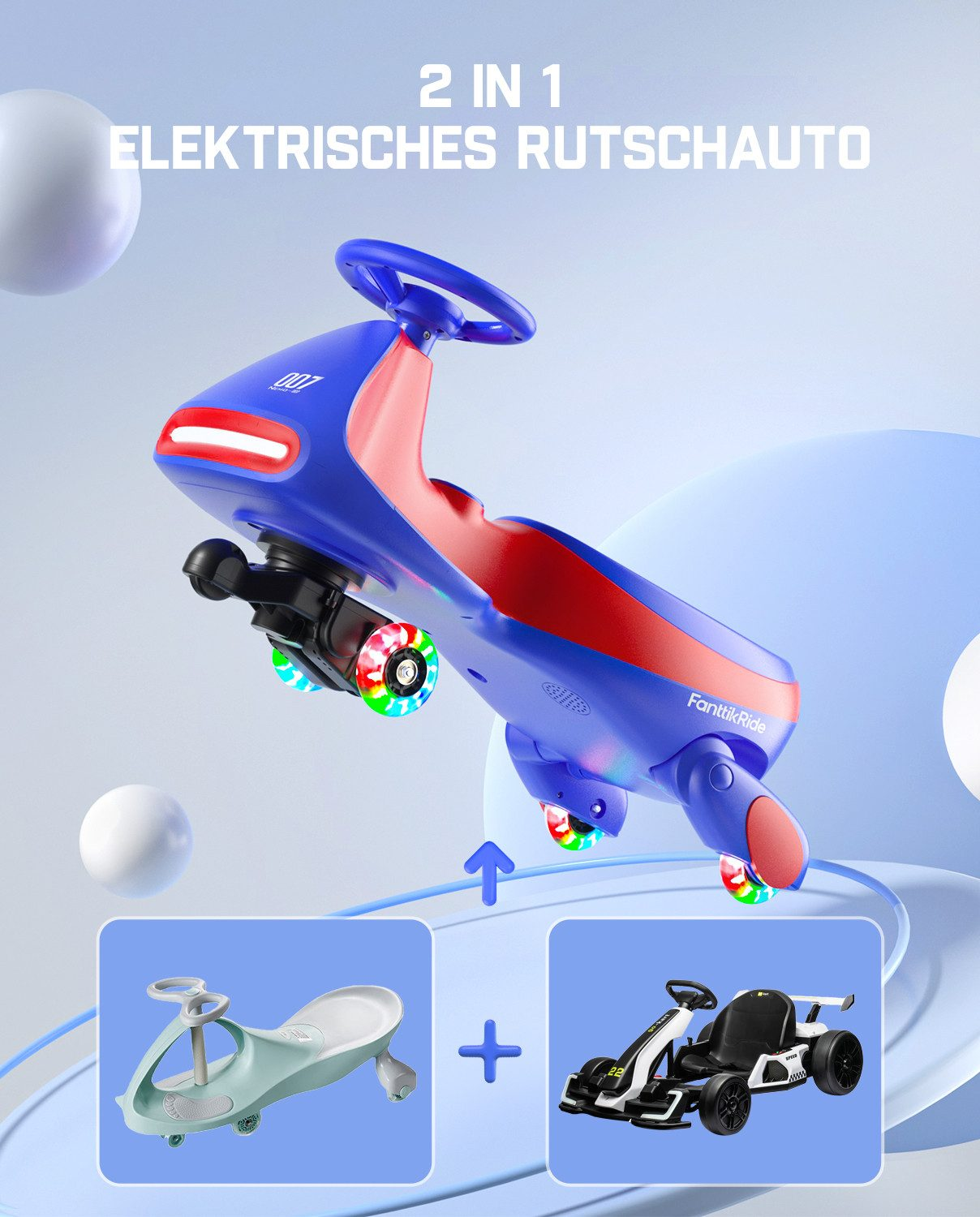 Ein blau-rotes Elektroauto für Kinder mit bunten Lichtern und zwei zusätzlichen Fahrzeugen.
