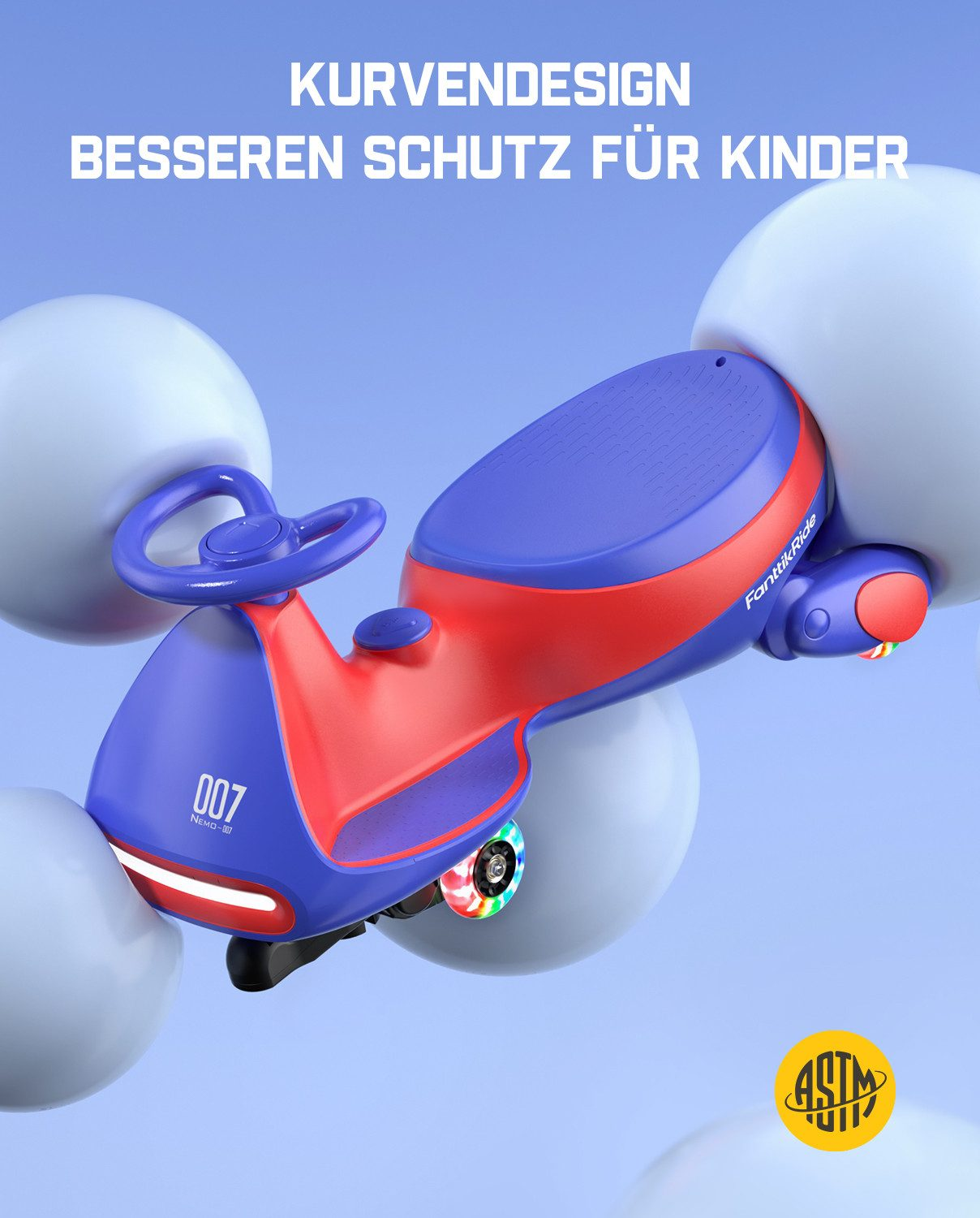 Blau-rotes Kinderfahrzeug mit '007' und leuchtenden Rädern, vor blauem Hintergrund.