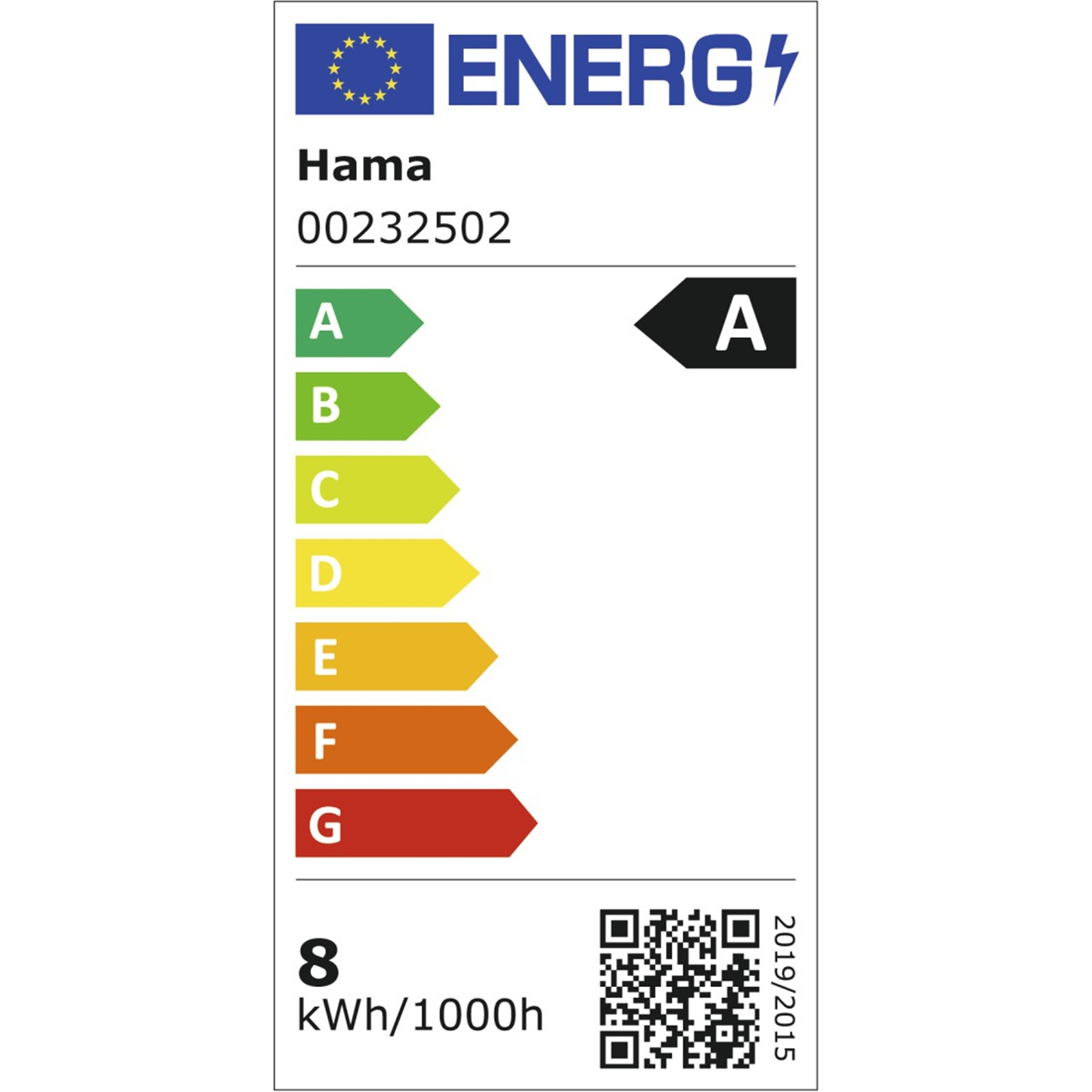 Energielabel von Hama mit Energieeffizienzklasse A und 8 kWh/1000h.