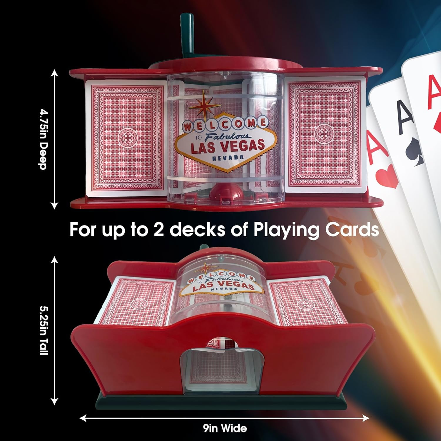 Roter Kartenhalter für 2 Decks, mit Las Vegas Thema. Maße angezeigt.