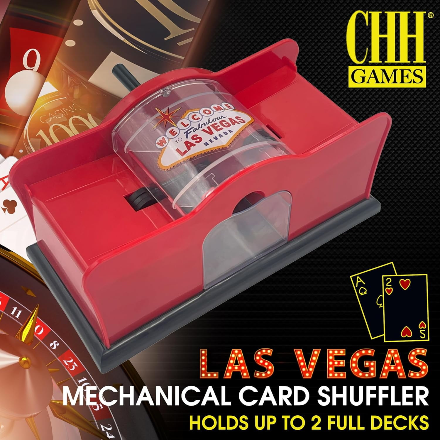 Ein roter Kartenmischer im Las-Vegas-Stil mit einem "Willkommen in Las Vegas"-Becher.
