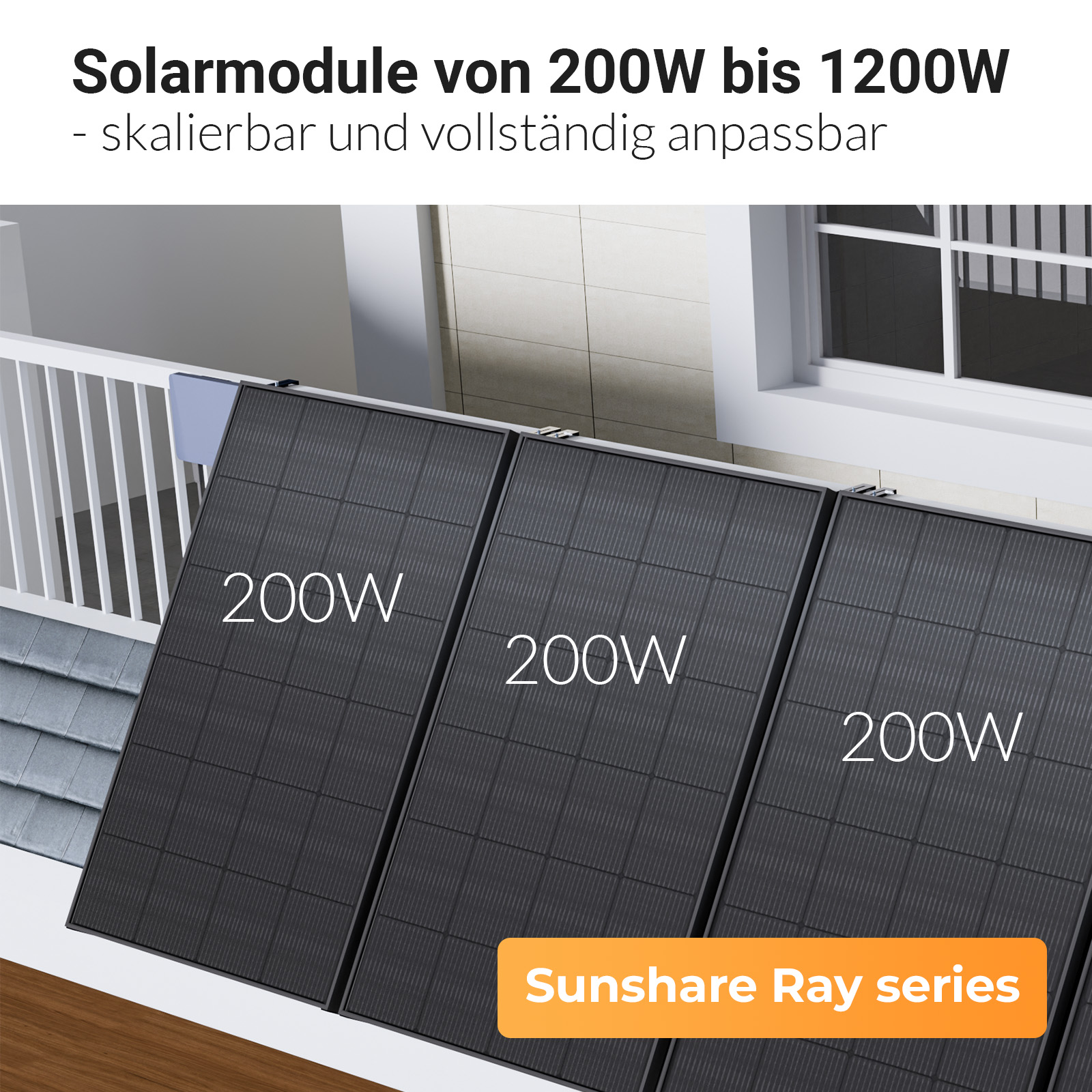 Drei Solarmodule mit 200W Aufschrift an einem Geländer montiert.