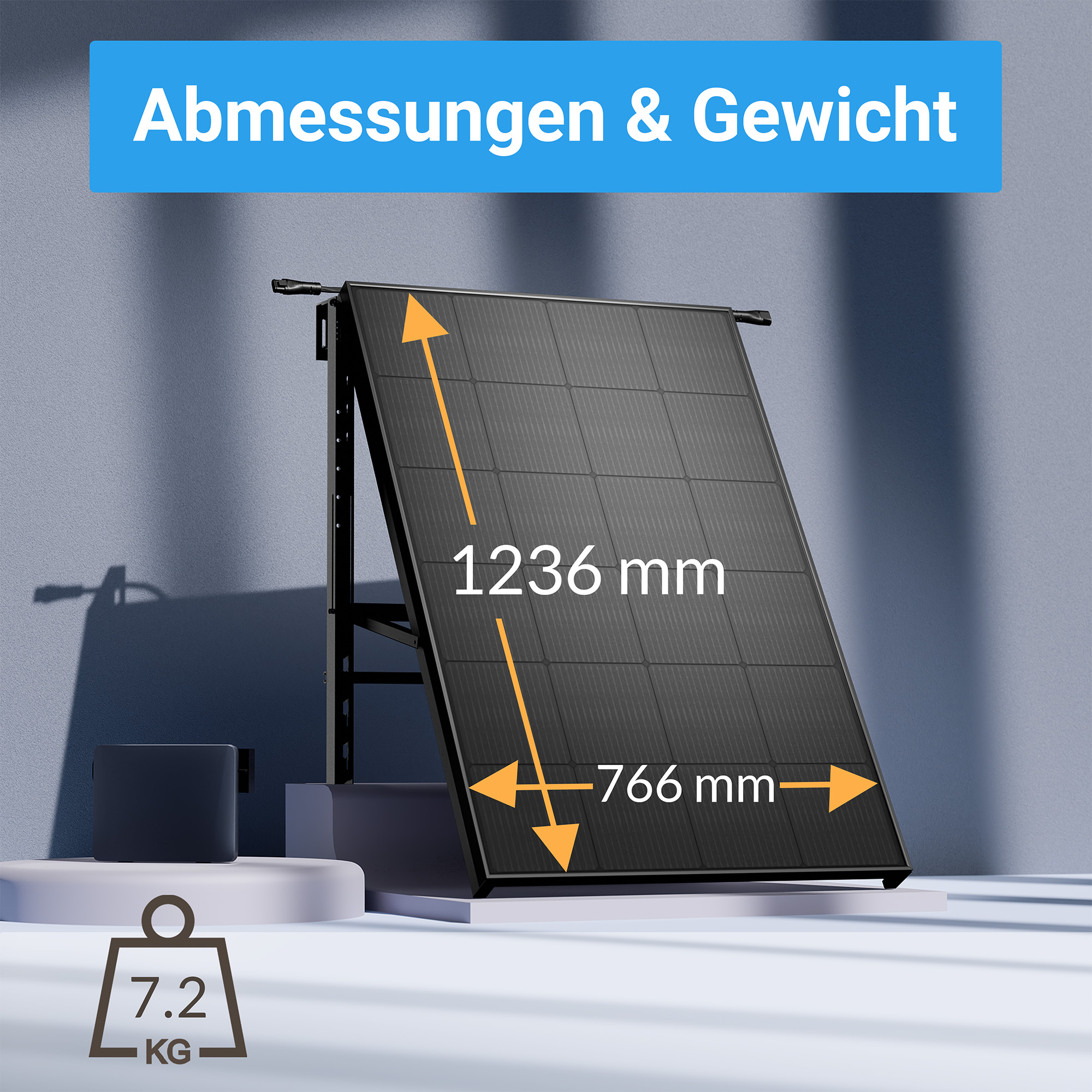 Ein schwarzes Solarpanel mit Maßen 1236x766 mm und einem Gewicht von 7,2 kg.