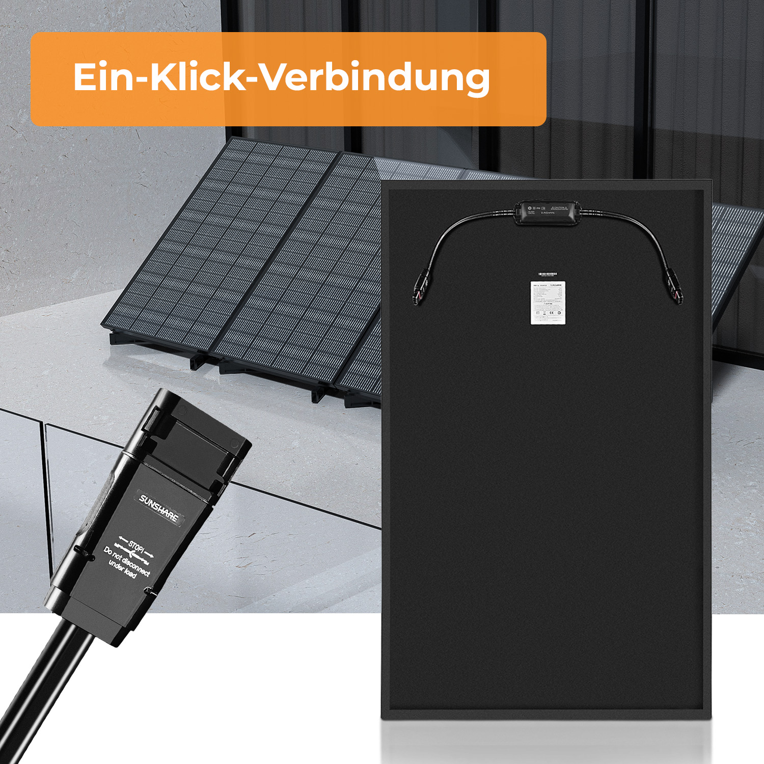 Rückseite eines Solarpanels mit Kabel und Stecker. Text: Ein-Klick-Verbindung.