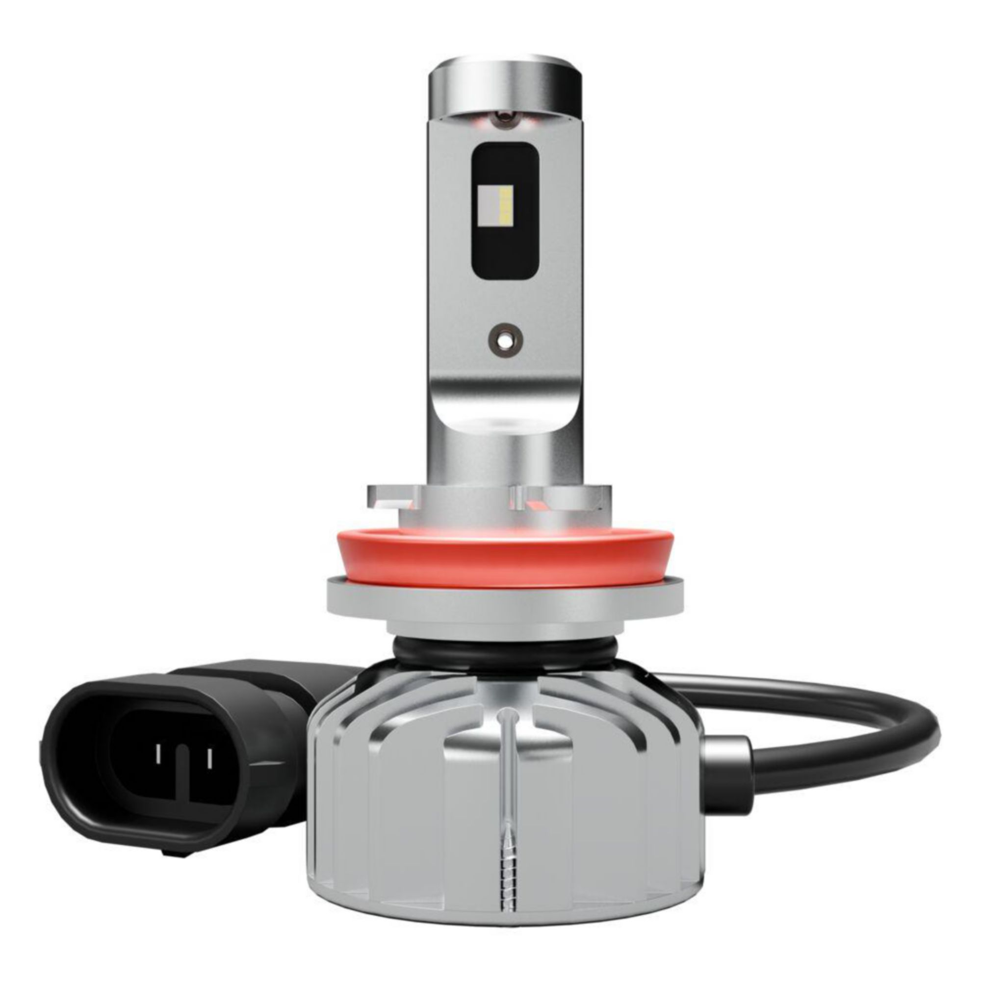 Silberne LED-Autolampe mit rotem Ring und schwarzem Stecker.