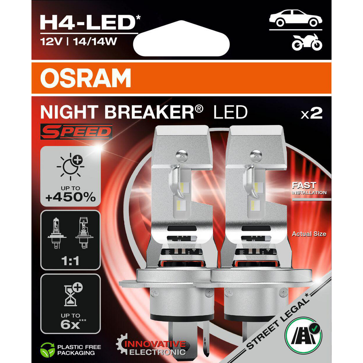 Zwei Osram H4-LED Autolampen in Verpackung mit Aufschriften für Leistung und Vorteile.