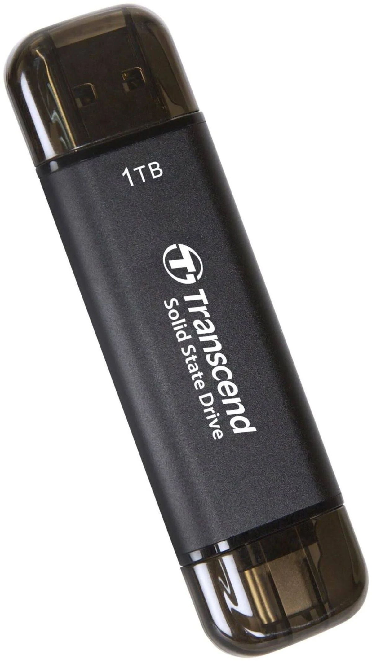 Zwarte 1TB Transcend Solid State Drive USB-stick met transparant dopontwerp.