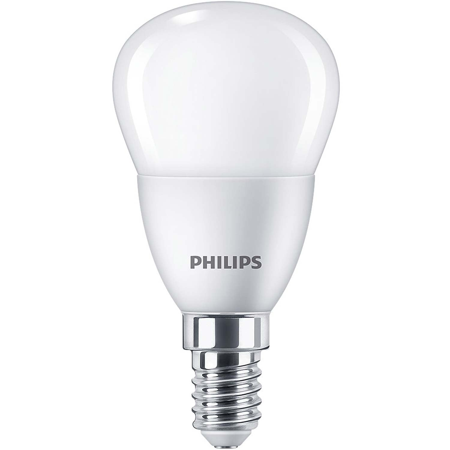 Una bombilla LED Philips blanca con base E14 se muestra sobre fondo blanco.
