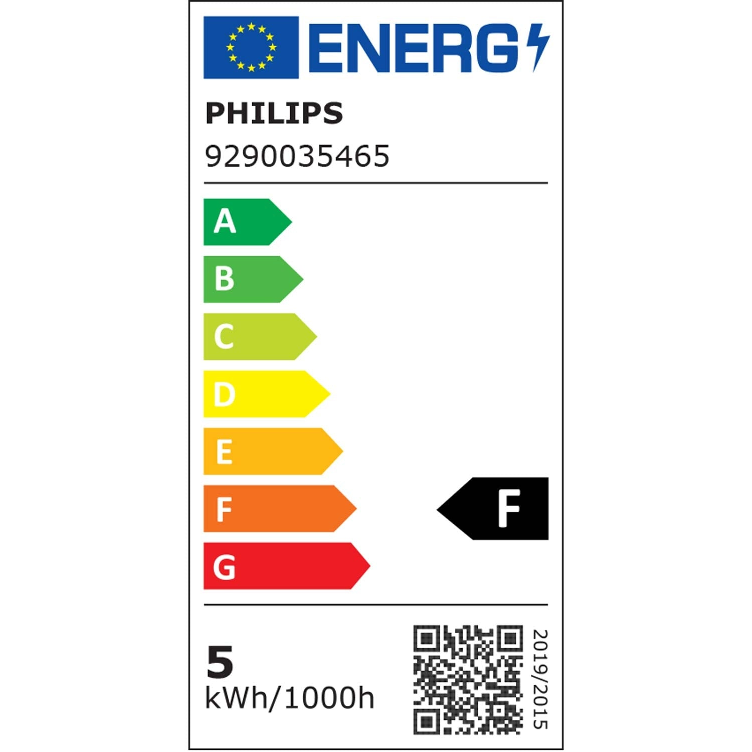 Etiqueta energética con logo Philips, clase F, 5 kWh/1000h.