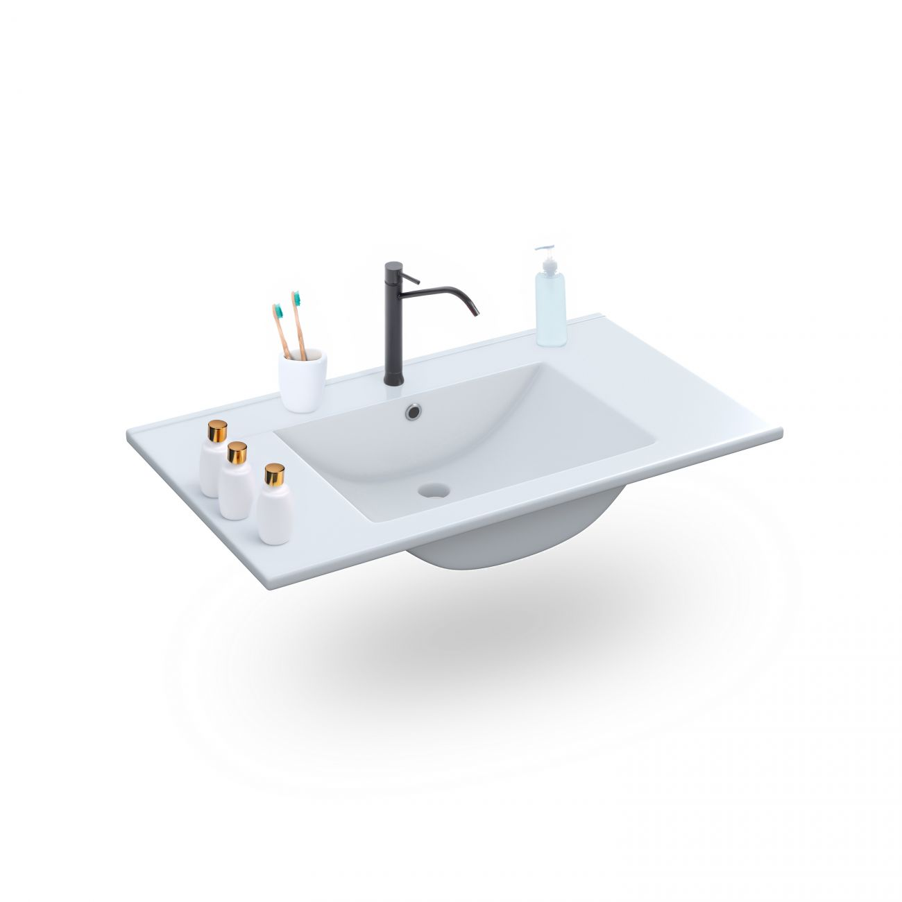 Un lavabo blanco con grifo negro, cepillos de dientes y dispensadores de jabón.