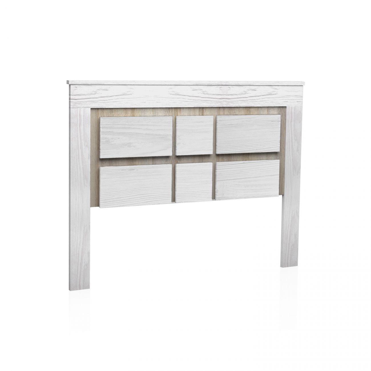Un cabecero blanco con seis paneles de madera en dos filas.