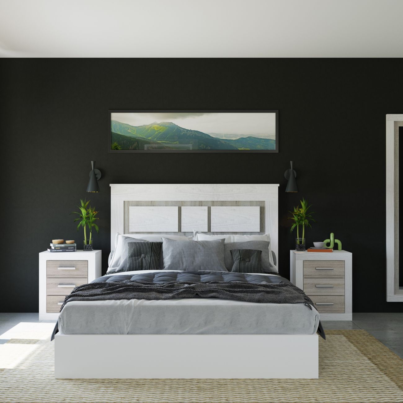 Un dormitorio moderno con cama blanca, cojines grises y arte de panorama montañoso arriba.