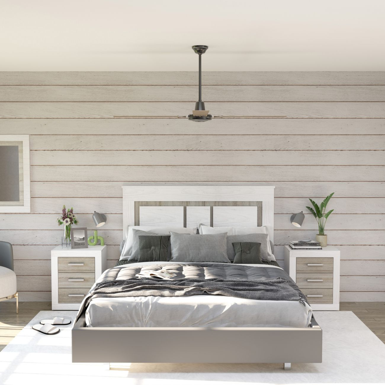 Un dormitorio moderno con cama, mesitas de noche, lámpara y ventilador de techo.