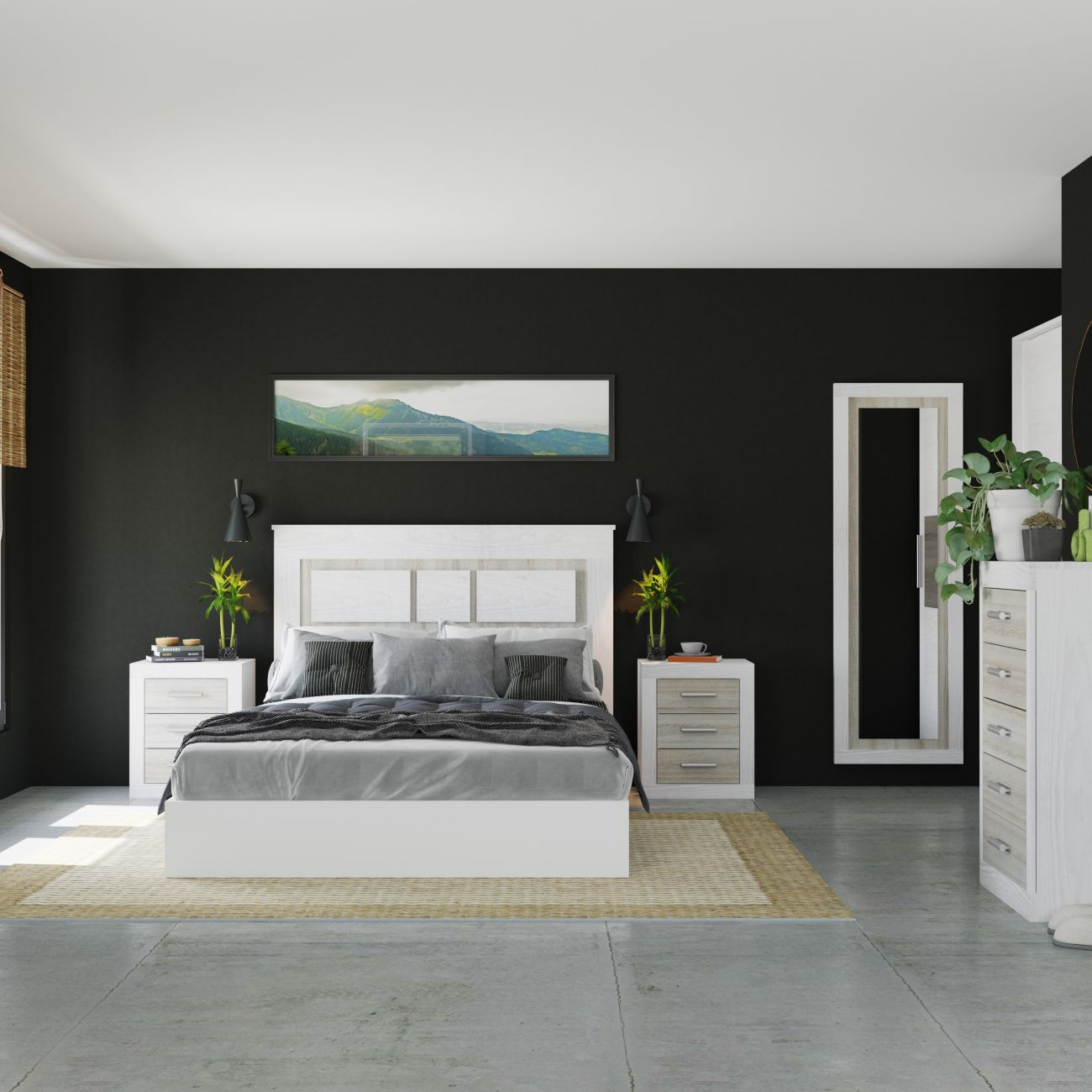 Dormitorio moderno con cama blanca, pared negra, arte de paisaje y dos mesitas.