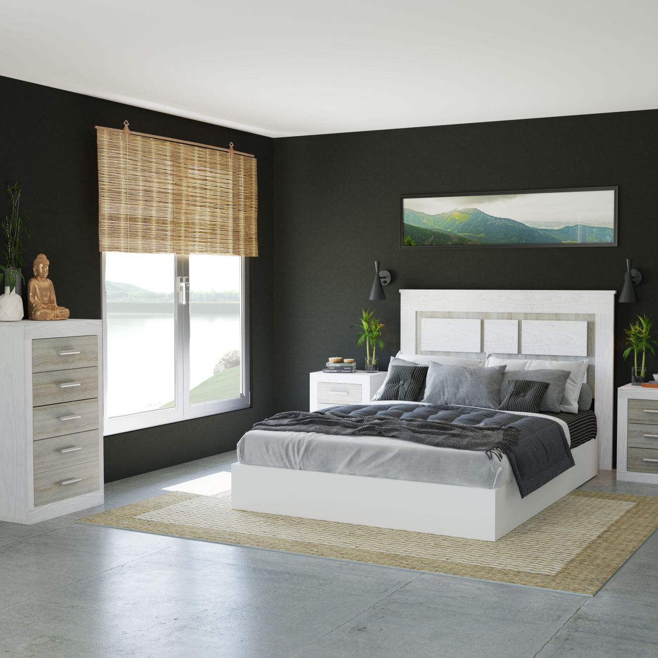 Dormitorio moderno con cama blanca, paredes oscuras y vista a ventana.