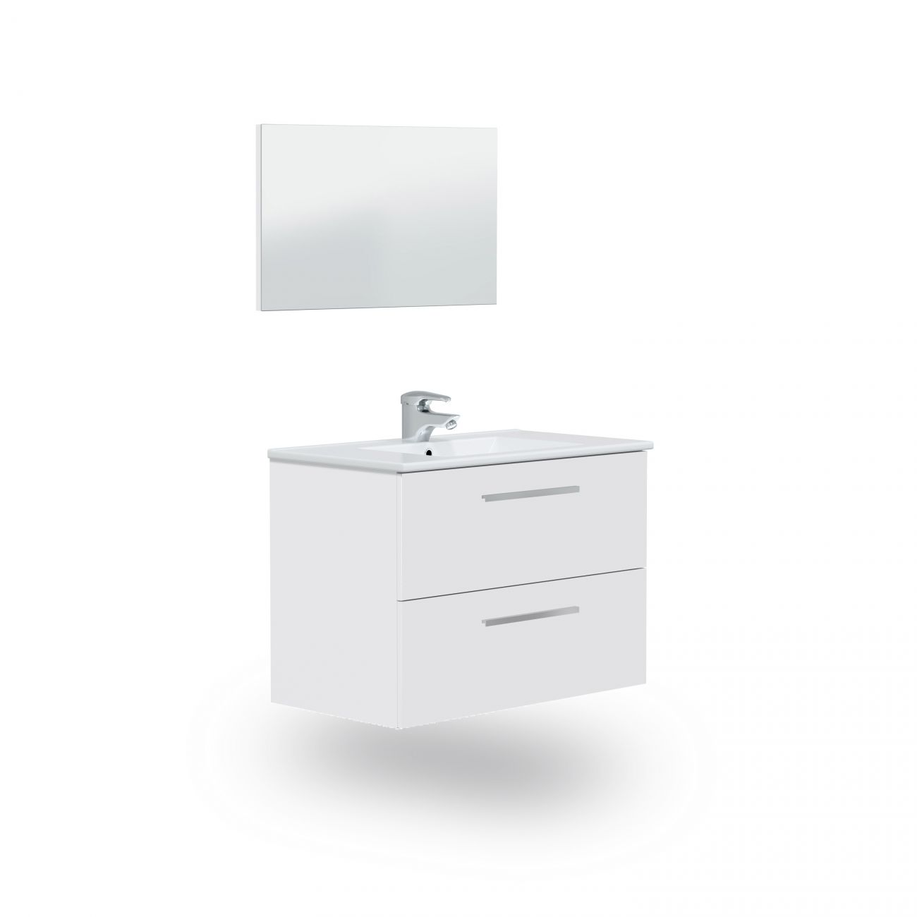 Un mueble de baño blanco con dos cajones, lavabo y grifo.
