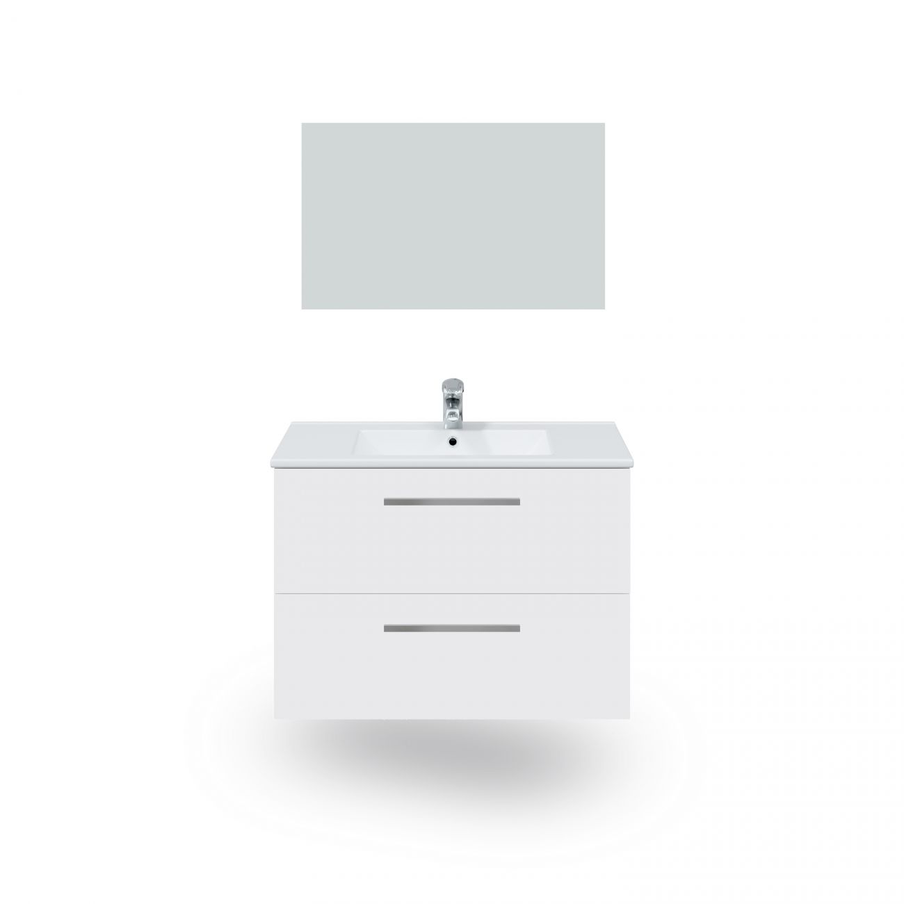 Un tocador de baño blanco con lavabo, grifo y espejo.