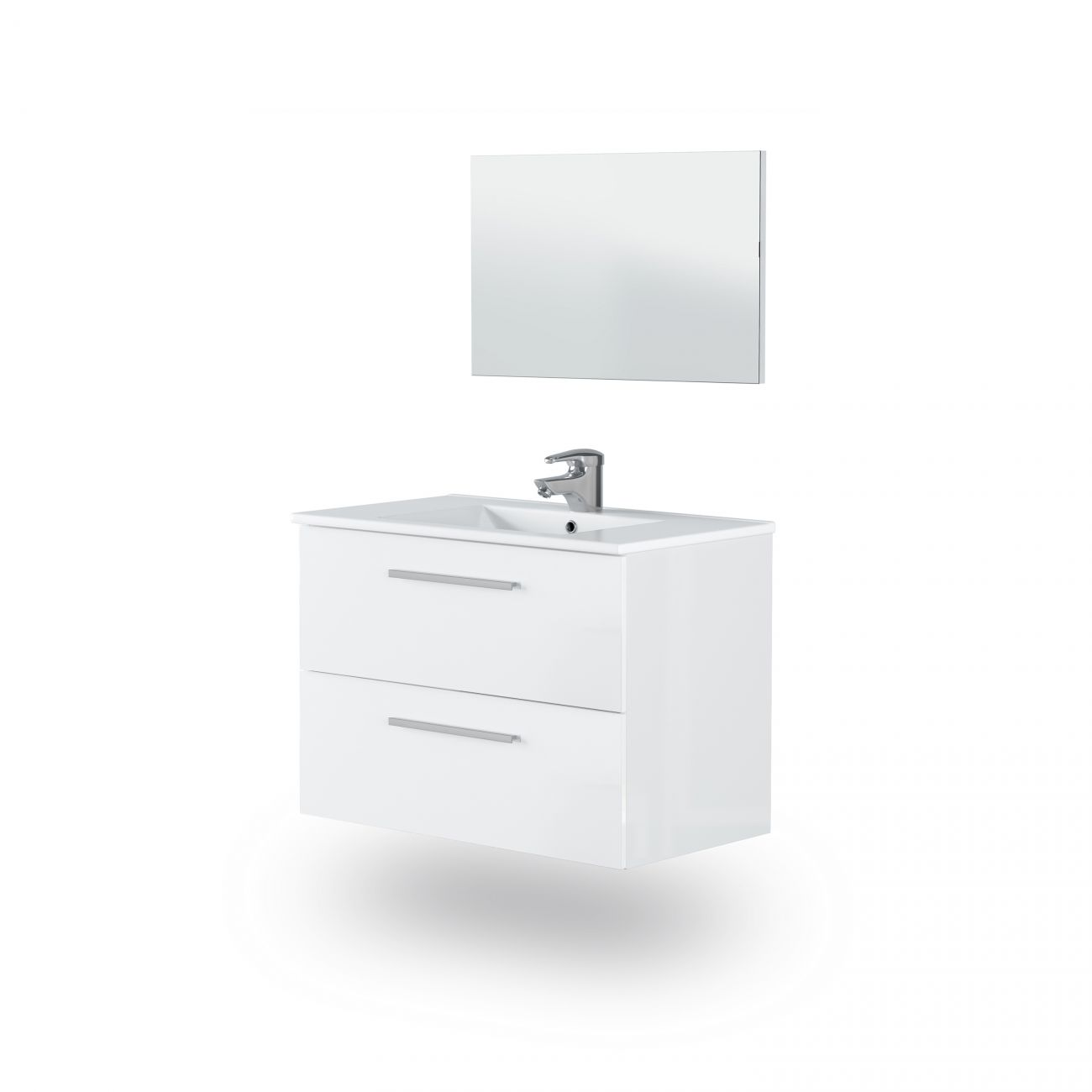 Un mueble de baño blanco con dos cajones y un espejo encima.