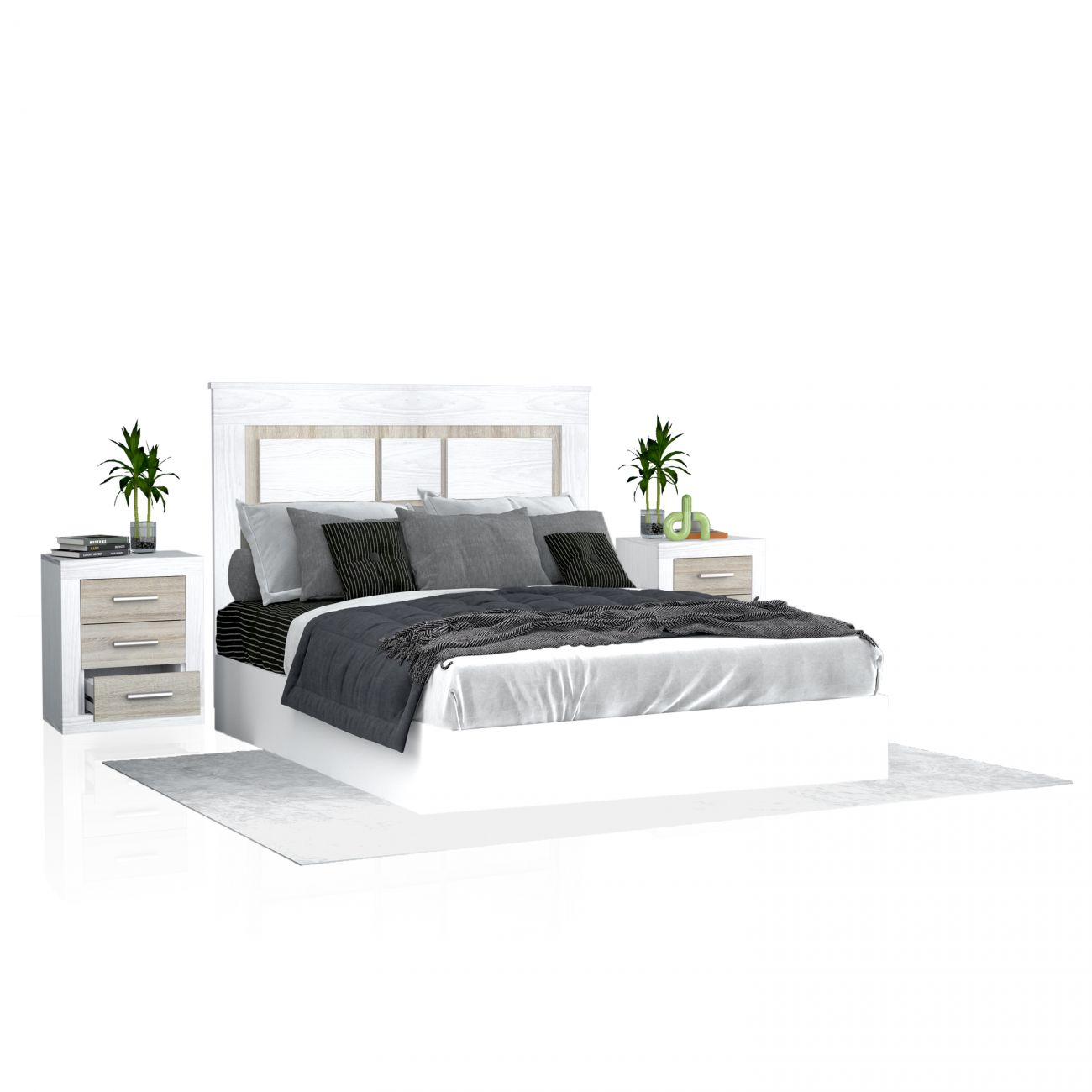 Un juego de dormitorio moderno con cabecero blanco y de madera, ropa de cama gris y dos mesitas.