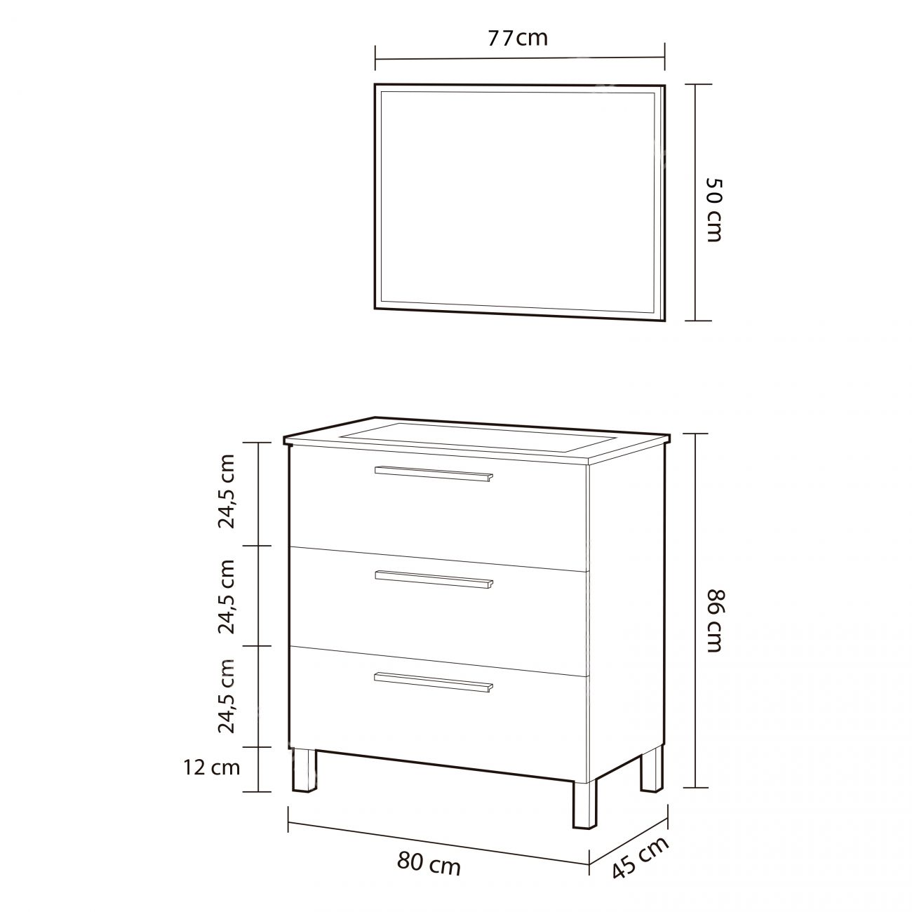 Un diagrama muestra un mueble de lavabo (80x45x86cm) con tres cajones y un espejo (77x50cm).
