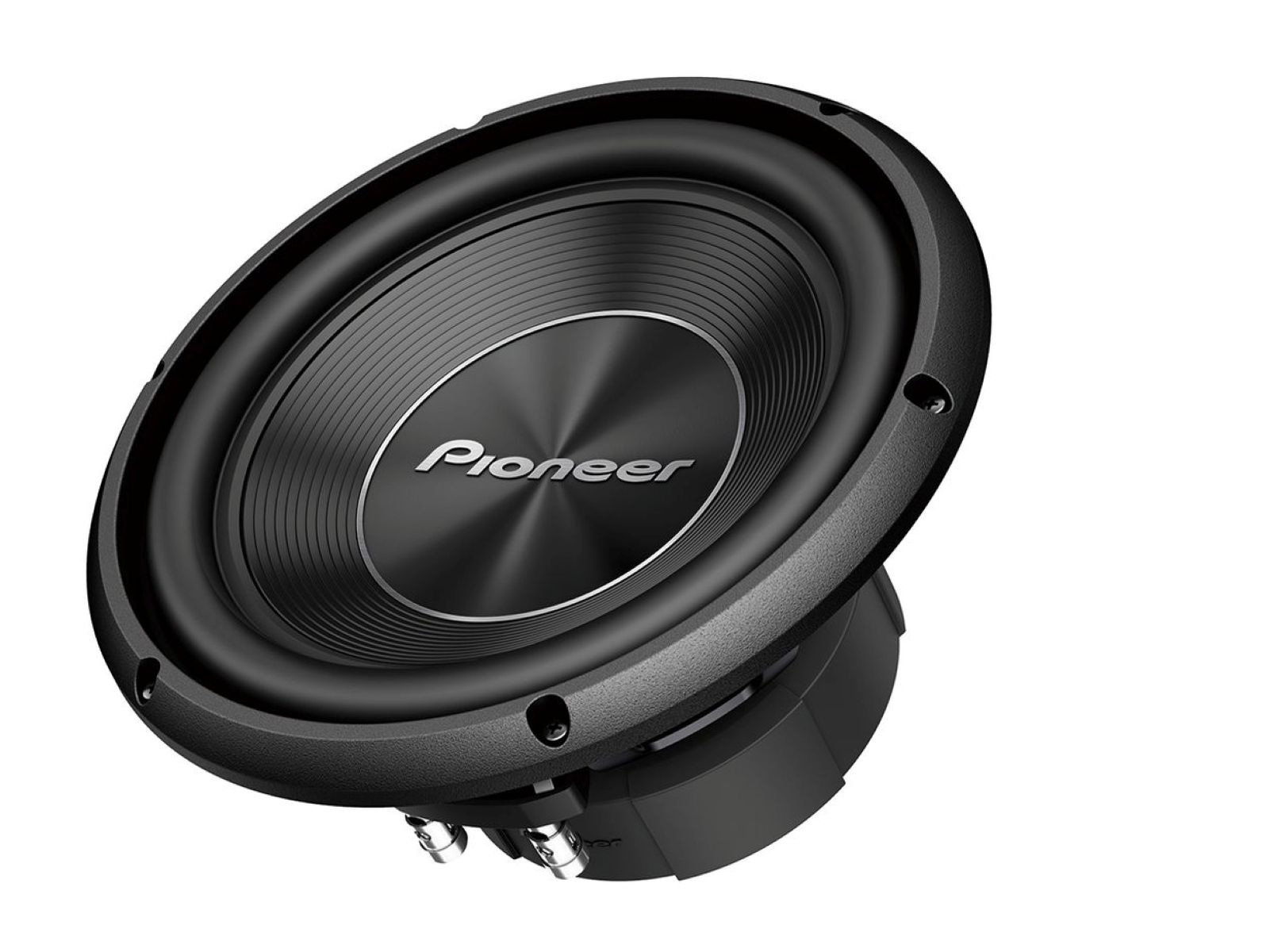 Subwoofer Pioneer nero con logo argento, su sfondo bianco.