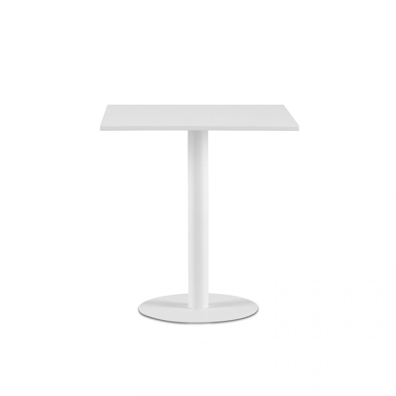 Una mesa blanca con tablero cuadrado y base redonda única.