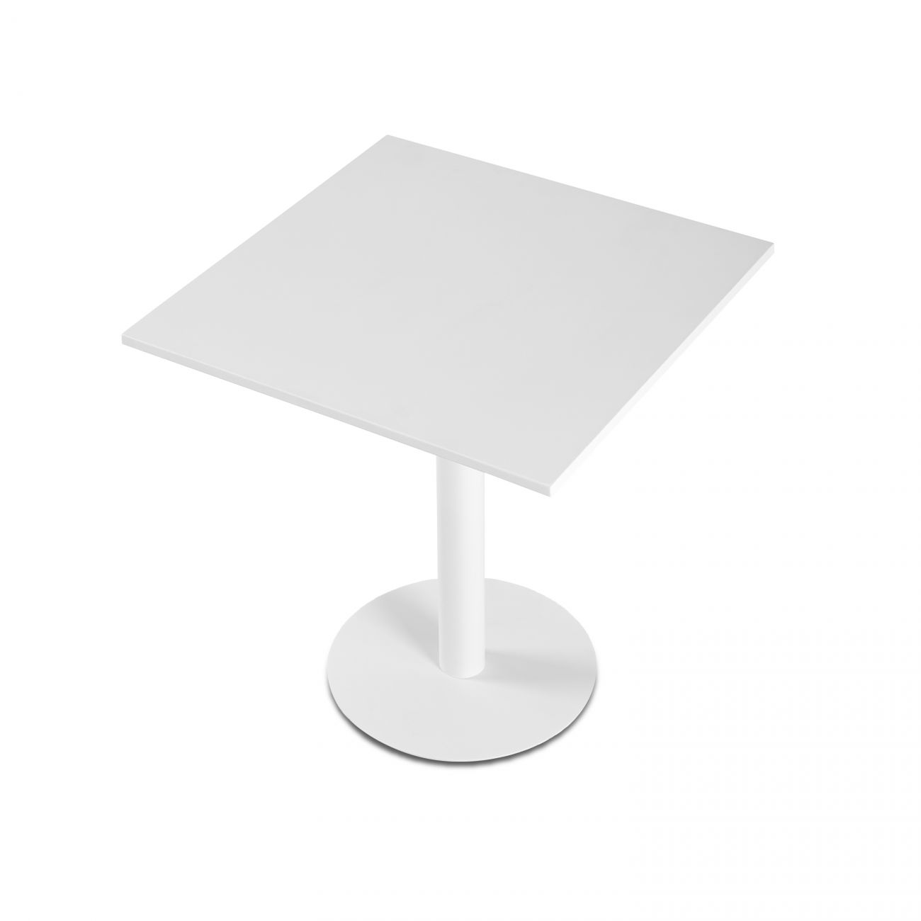 Una mesa blanca con tablero cuadrado y base redonda sobre fondo blanco.