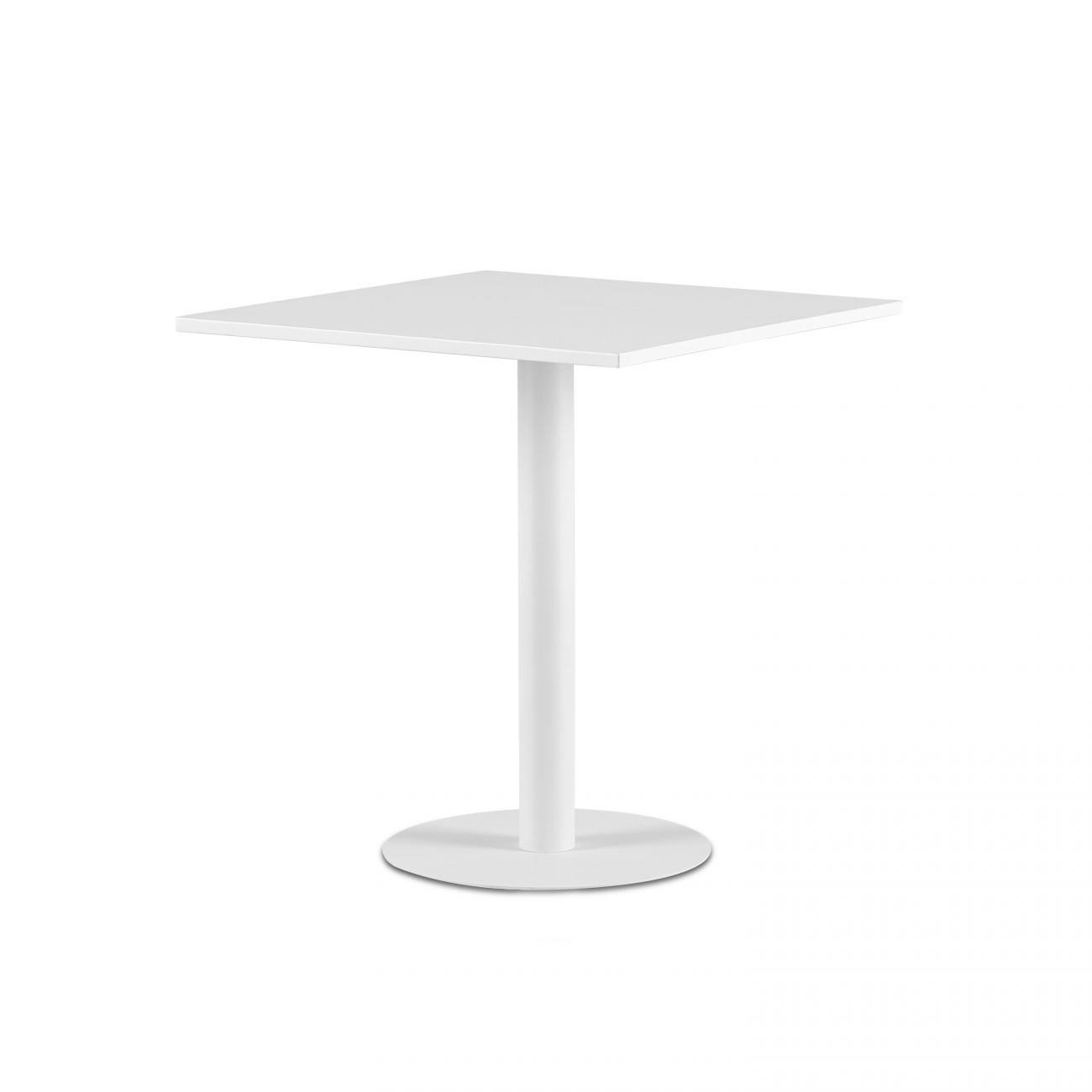 Una mesa cuadrada blanca con un pedestal y una base redonda.