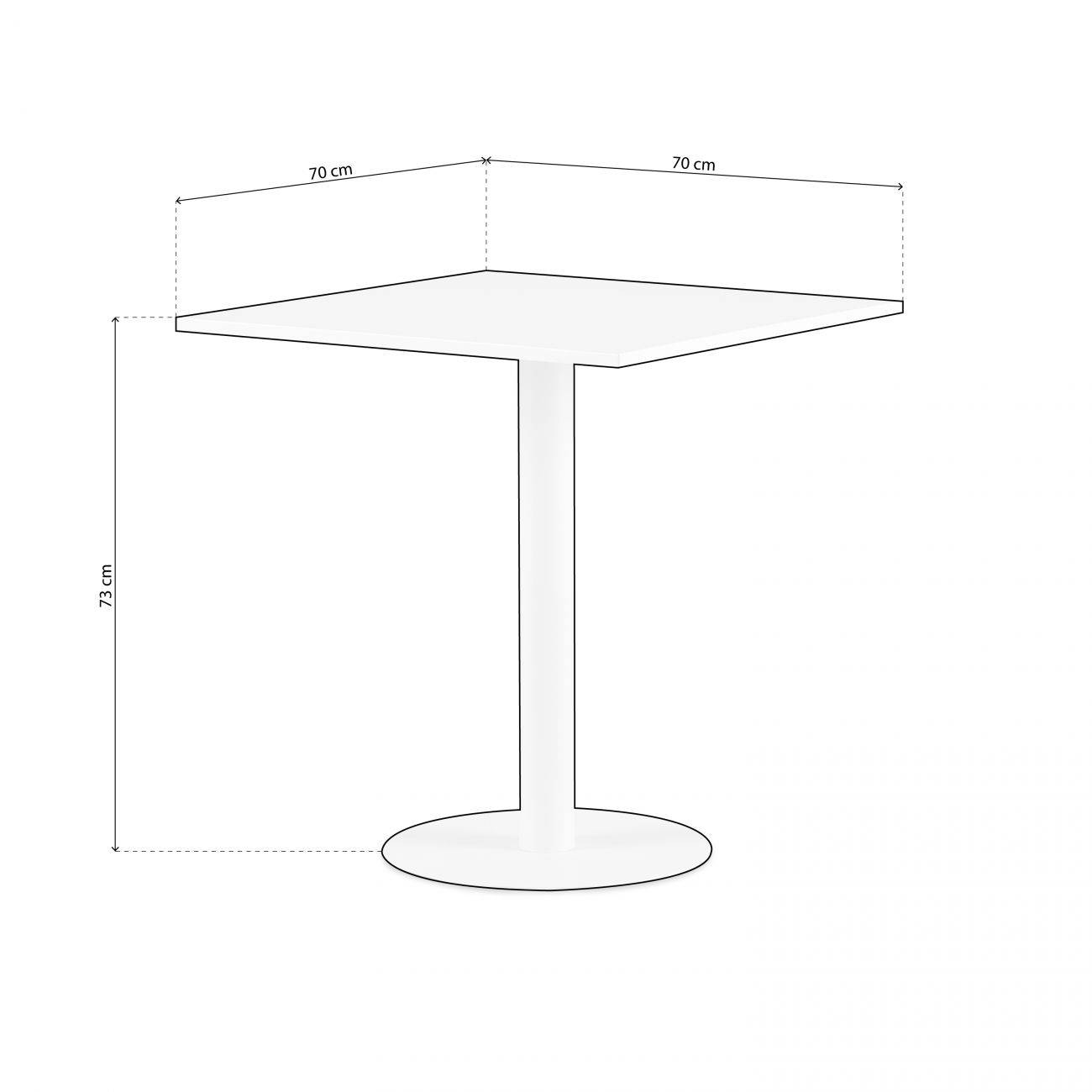 Mesa blanca con tapa cuadrada (70x70cm) y pata central nica (73cm H).