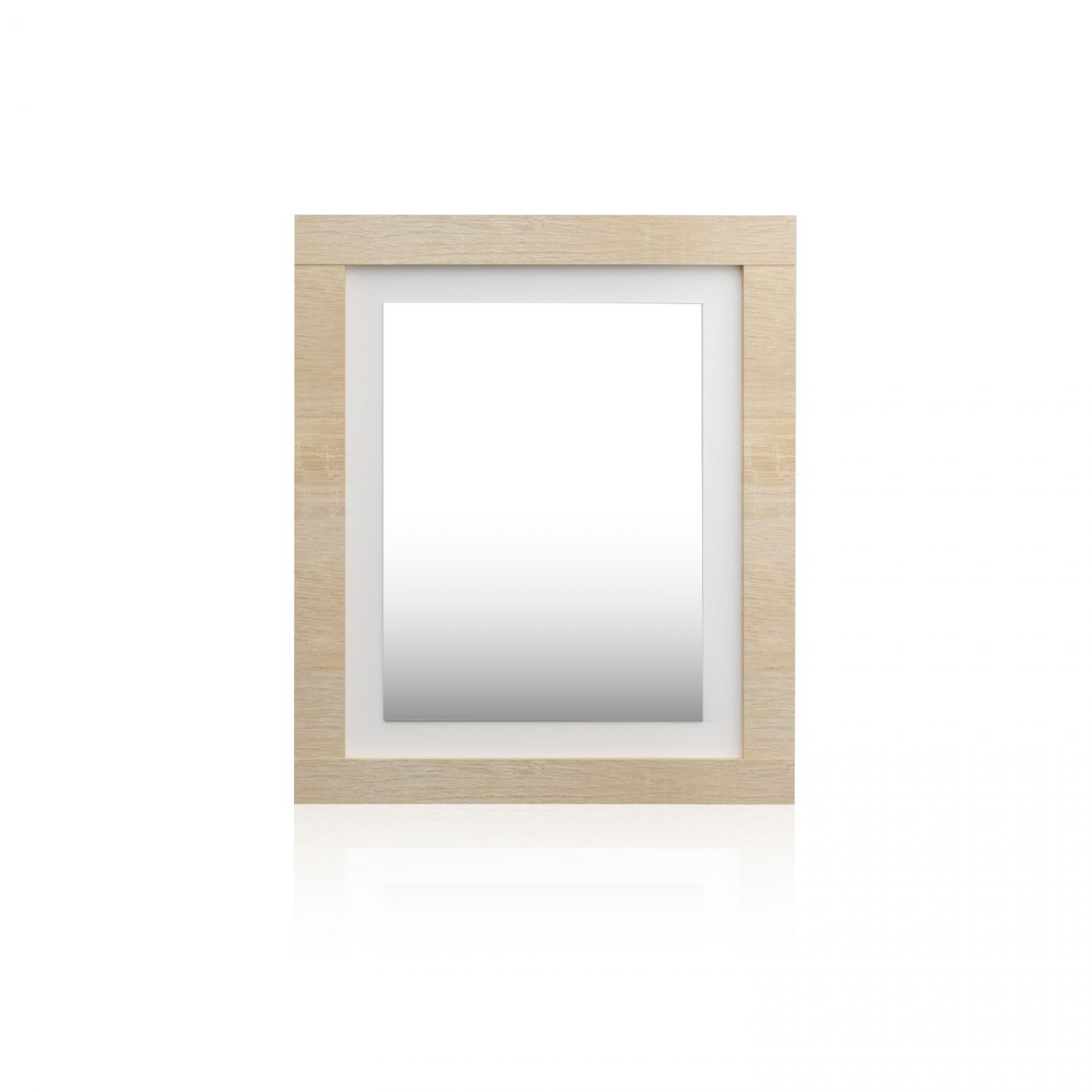 Un espejo con marco de madera clara sobre fondo blanco, mostrando un reflejo.