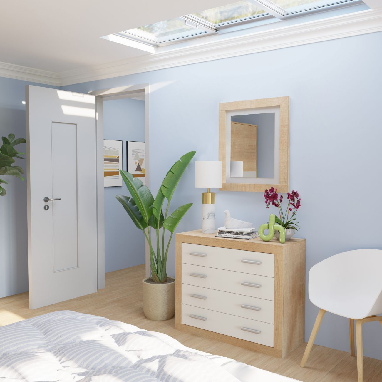 Un dormitorio luminoso con cama, cómoda, espejo, planta y puerta.