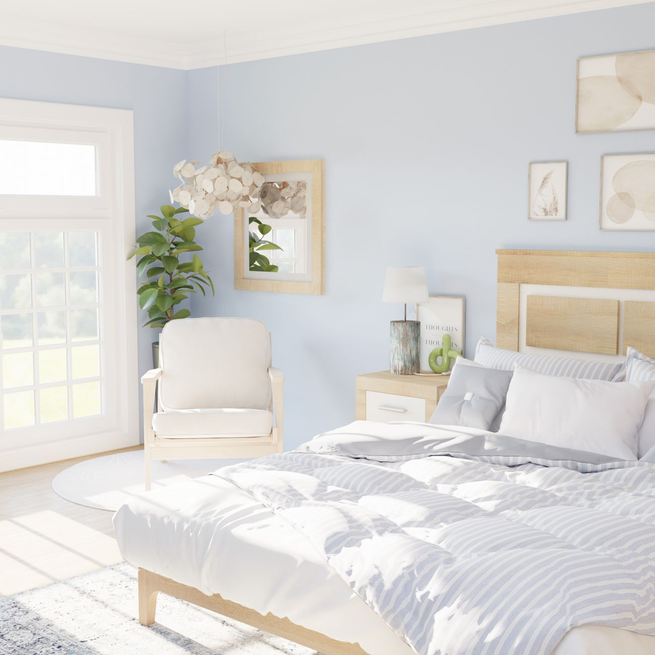 Dormitorio luminoso con cama, sillón, mesita de noche y ventana.