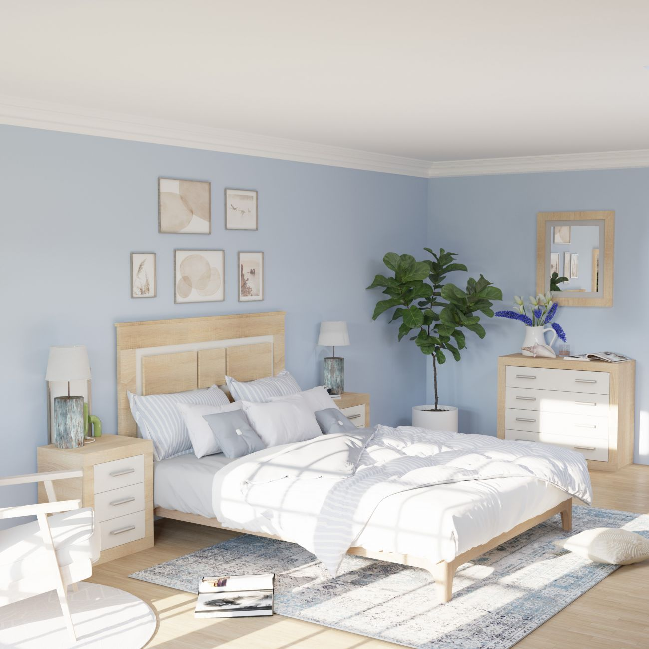 Un dormitorio luminoso con cama de madera, mesitas de noche, cómoda y arte en la pared.