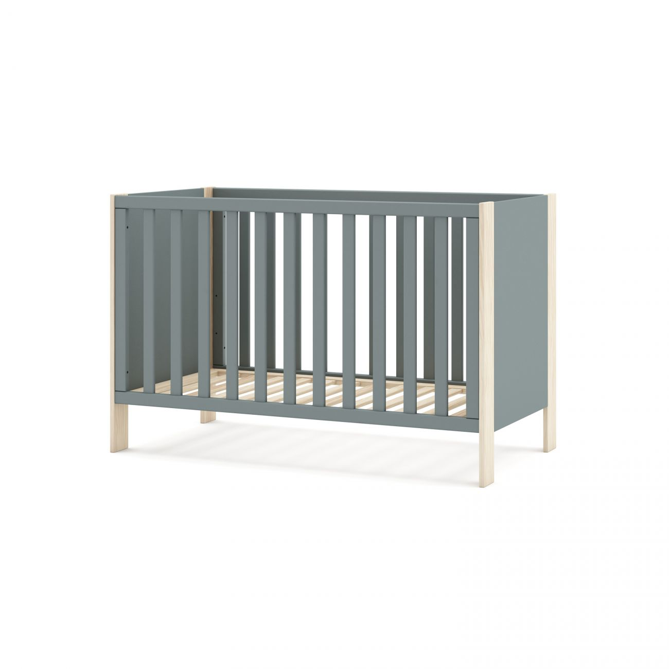 Una cuna gris con patas de madera y base de listones.