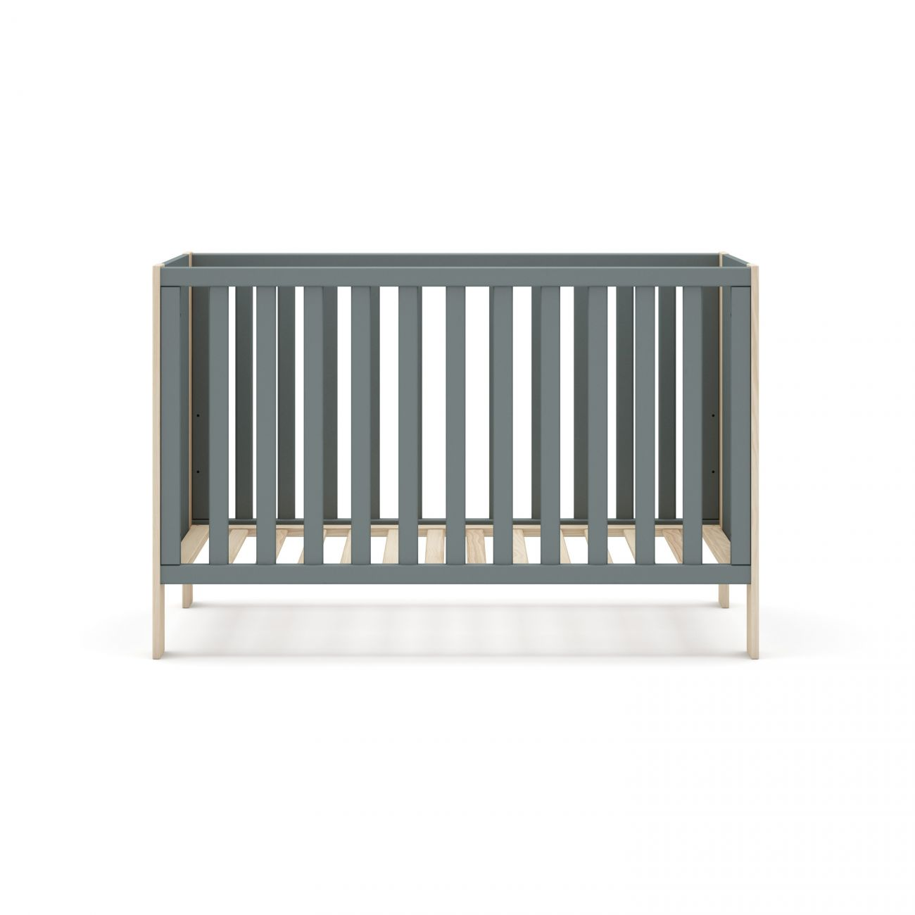 Un marco de cuna gris con patas de madera sobre fondo blanco.