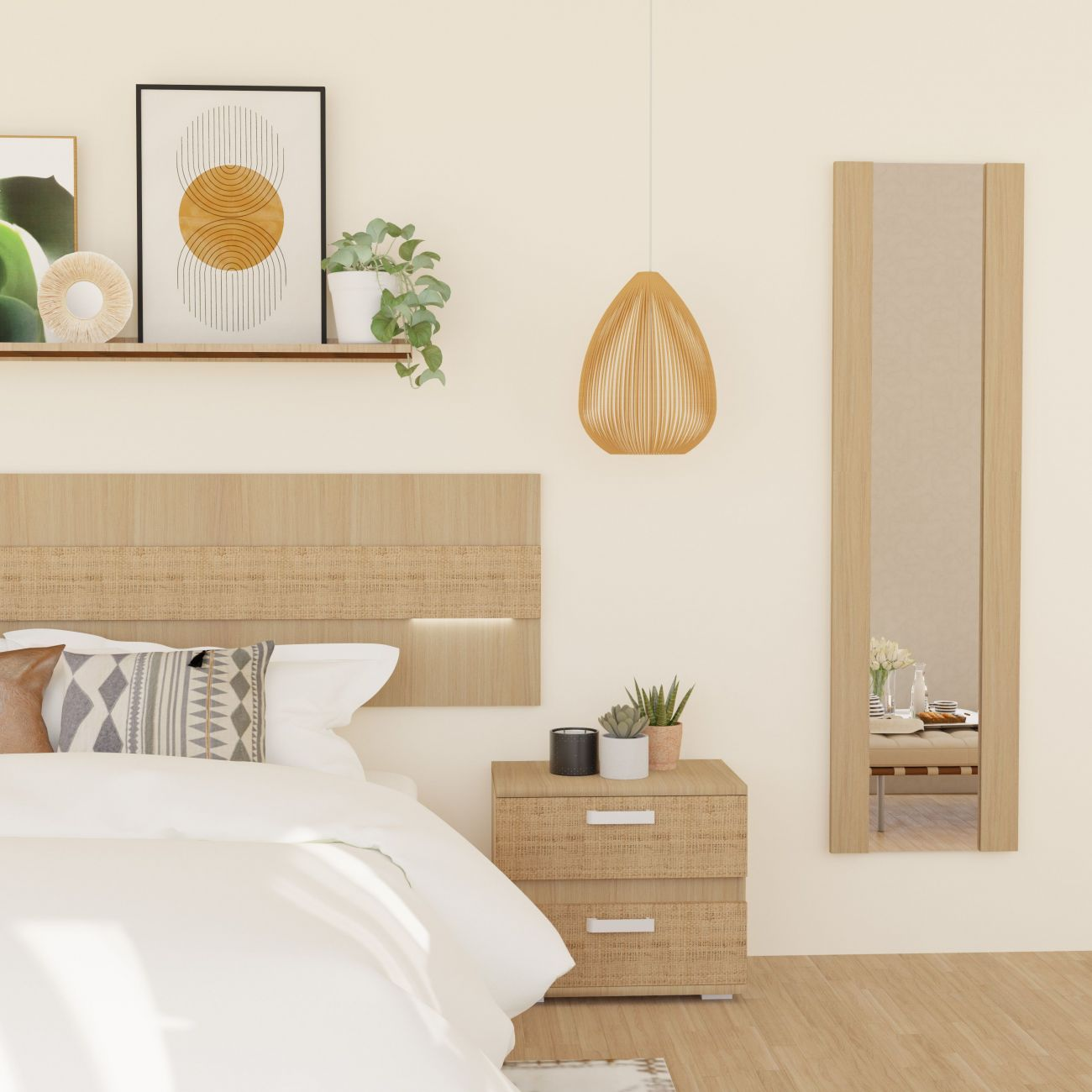 Un dormitorio con cama blanca, muebles de madera, plantas y arte en la pared.