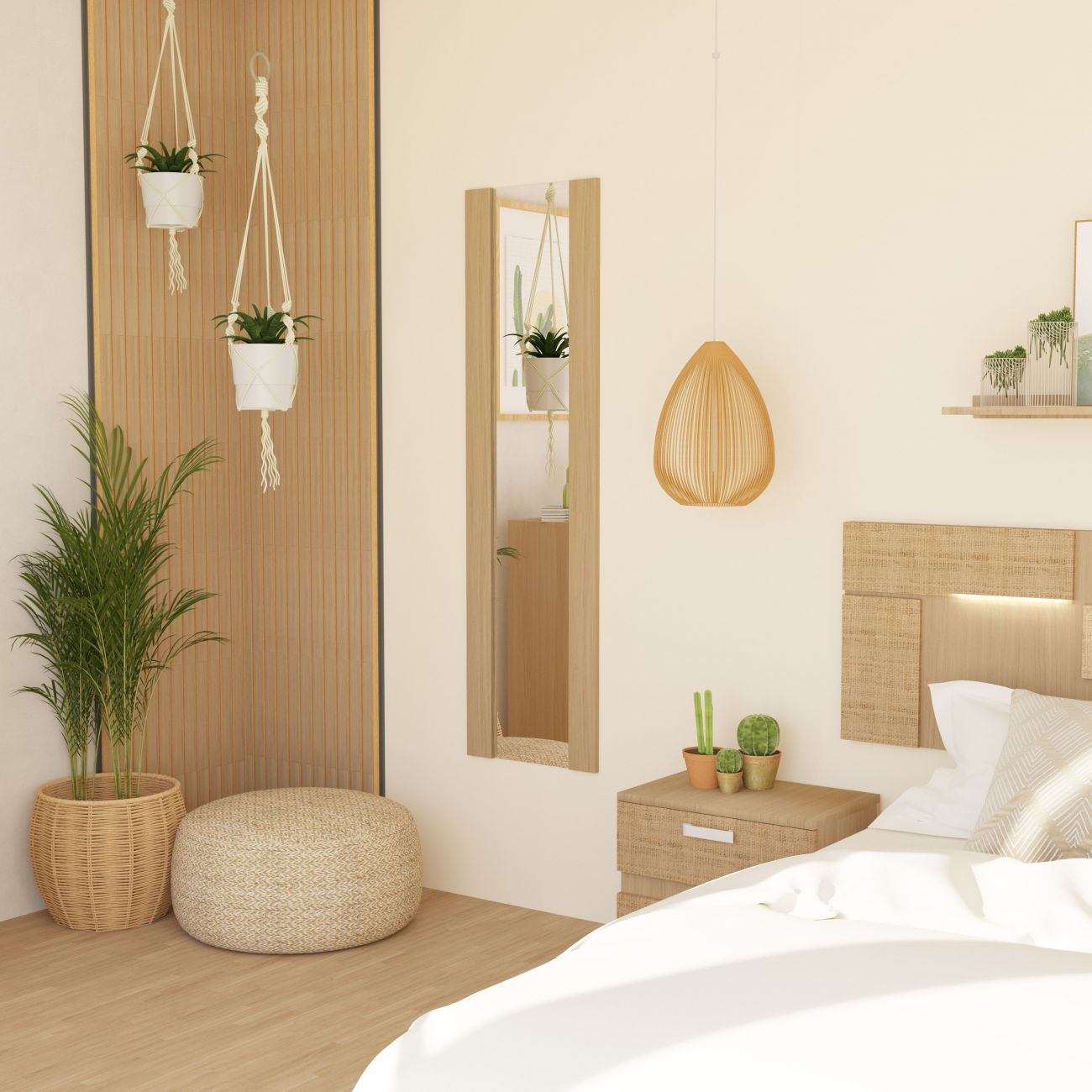 Dormitorio con cama, mesita de noche, espejo y plantas.