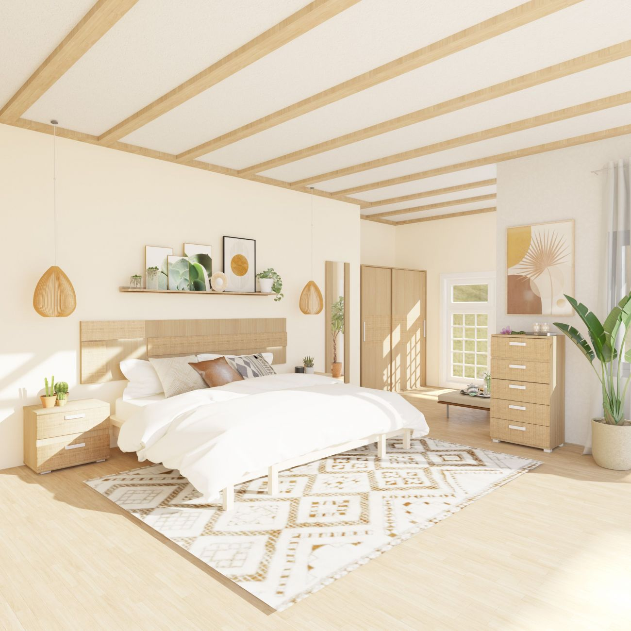 Un dormitorio luminoso con cama blanca, detalles de madera, plantas y luz natural.