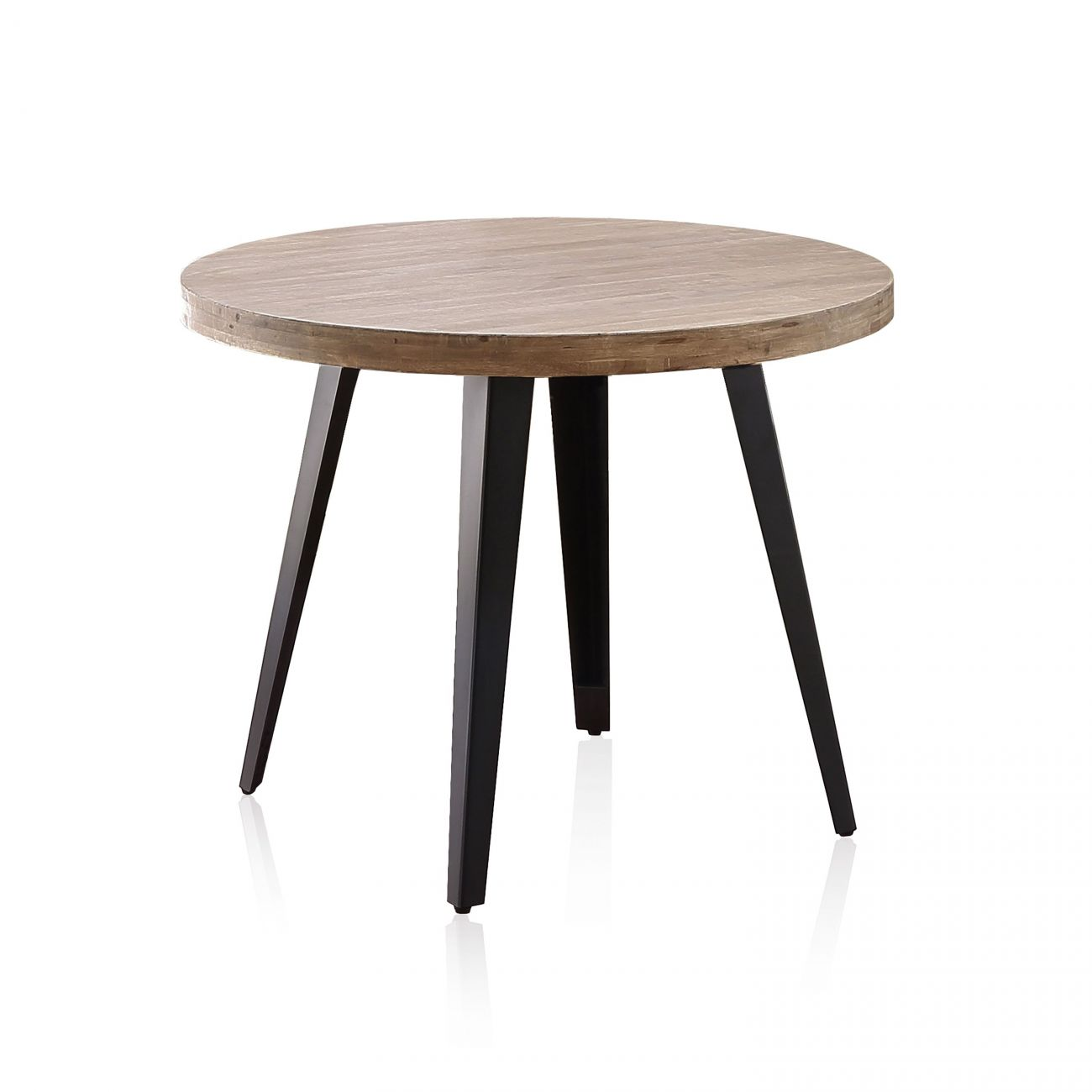 Mesa redonda de madera con tres patas metálicas negras sobre fondo blanco.